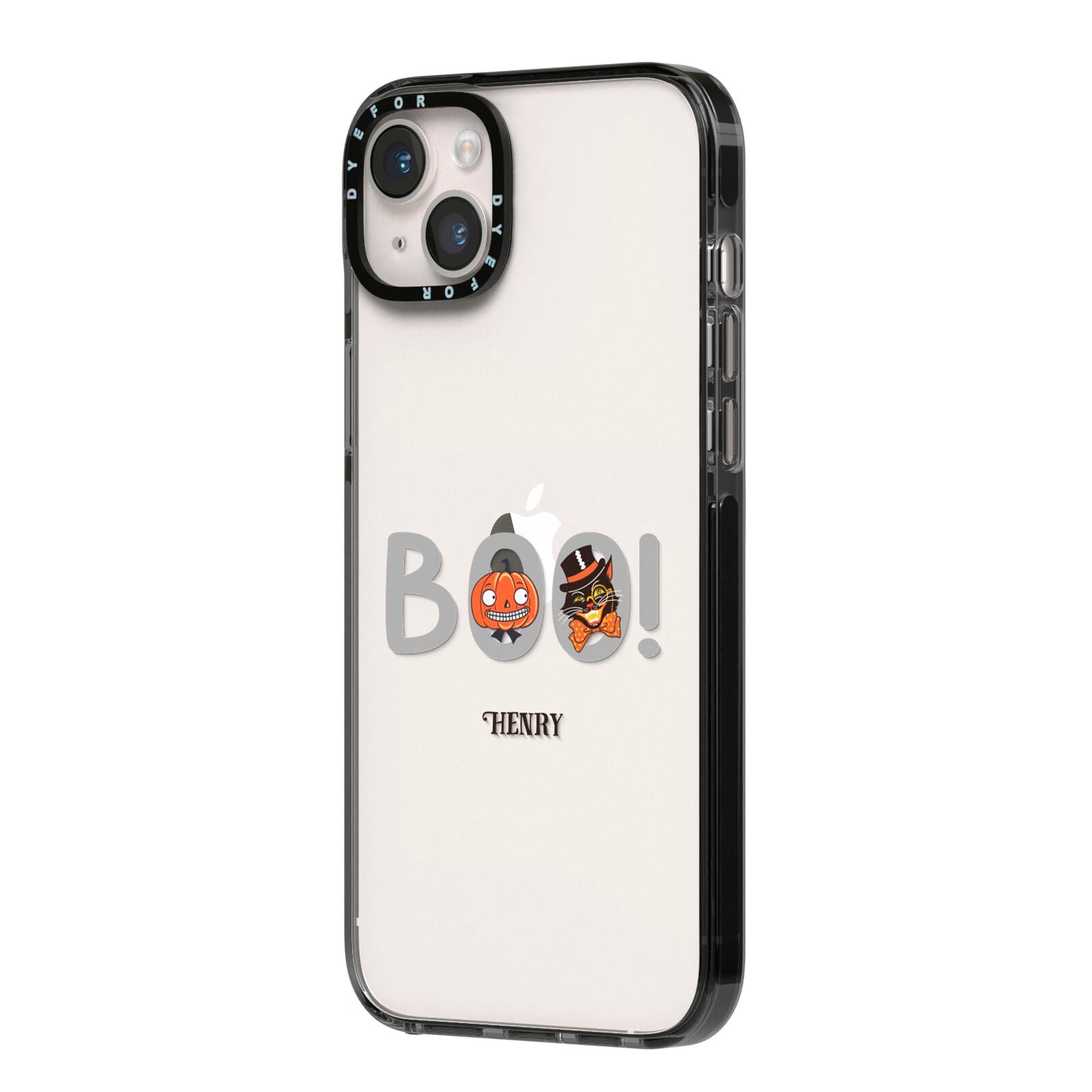 Boo Personalised iPhone 14 Plus Black Impact Case Side Angle on Silver phone