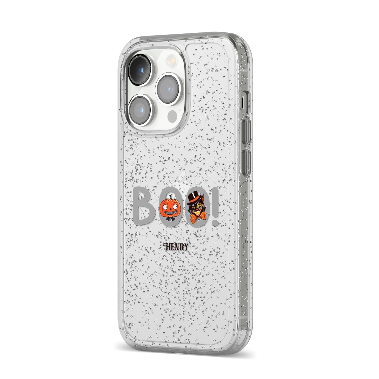 Boo Personalised iPhone 14 Pro Glitter Tough Case Silver Angled Image