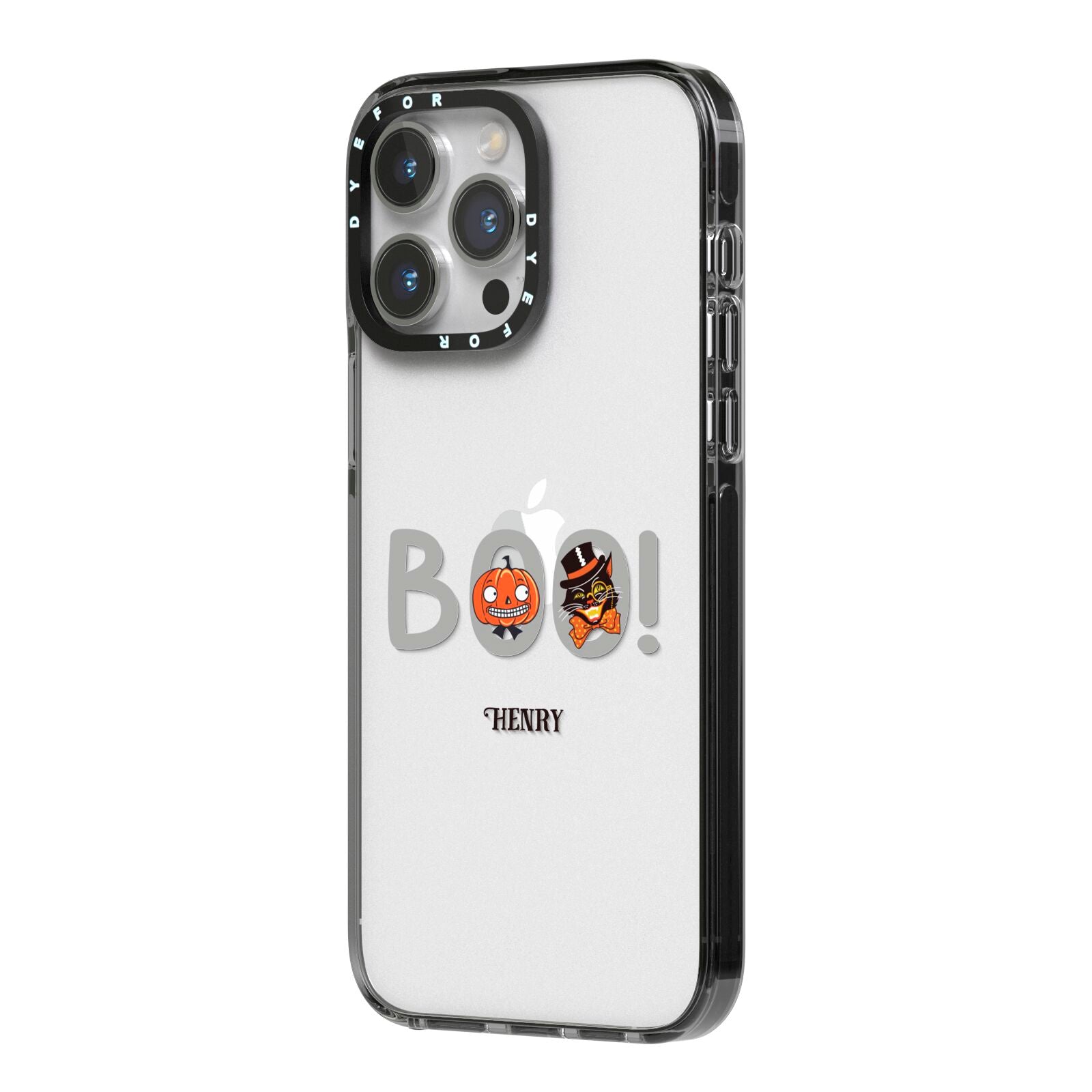 Boo Personalised iPhone 14 Pro Max Black Impact Case Side Angle on Silver phone