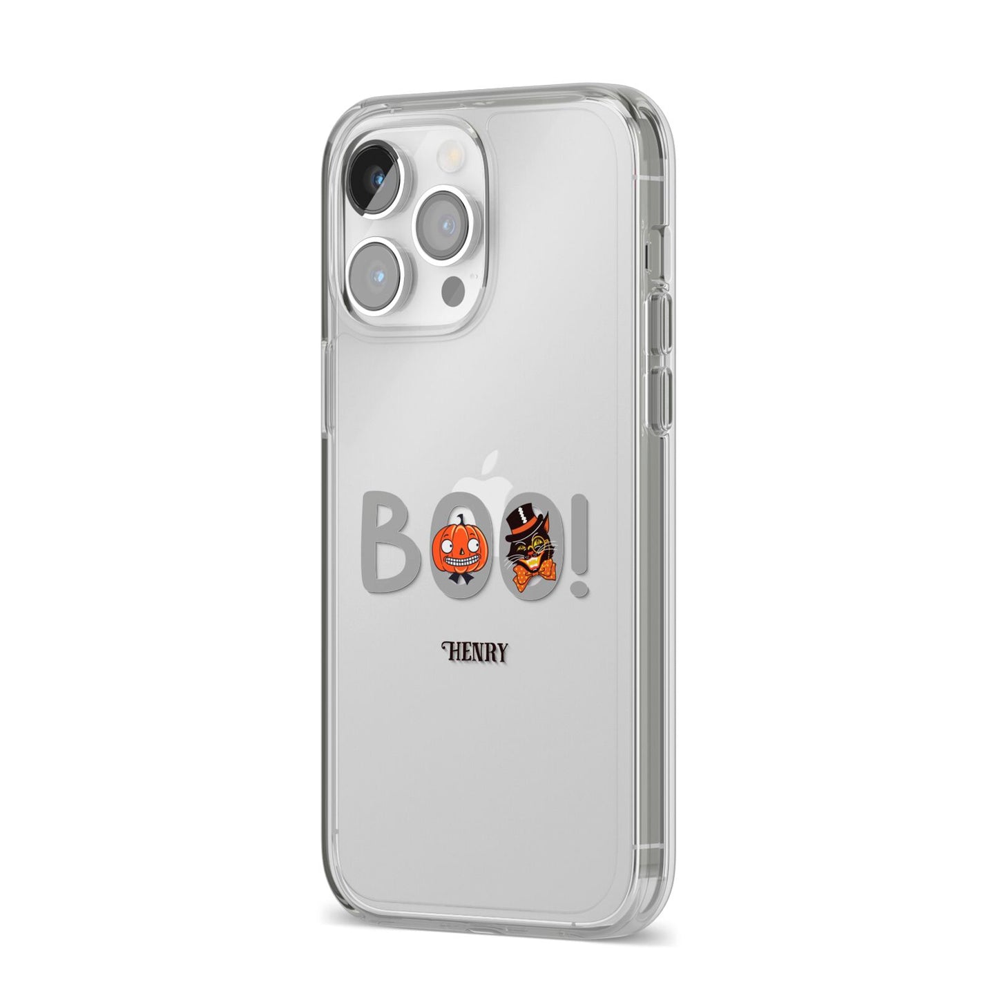 Boo Personalised iPhone 14 Pro Max Clear Tough Case Silver Angled Image