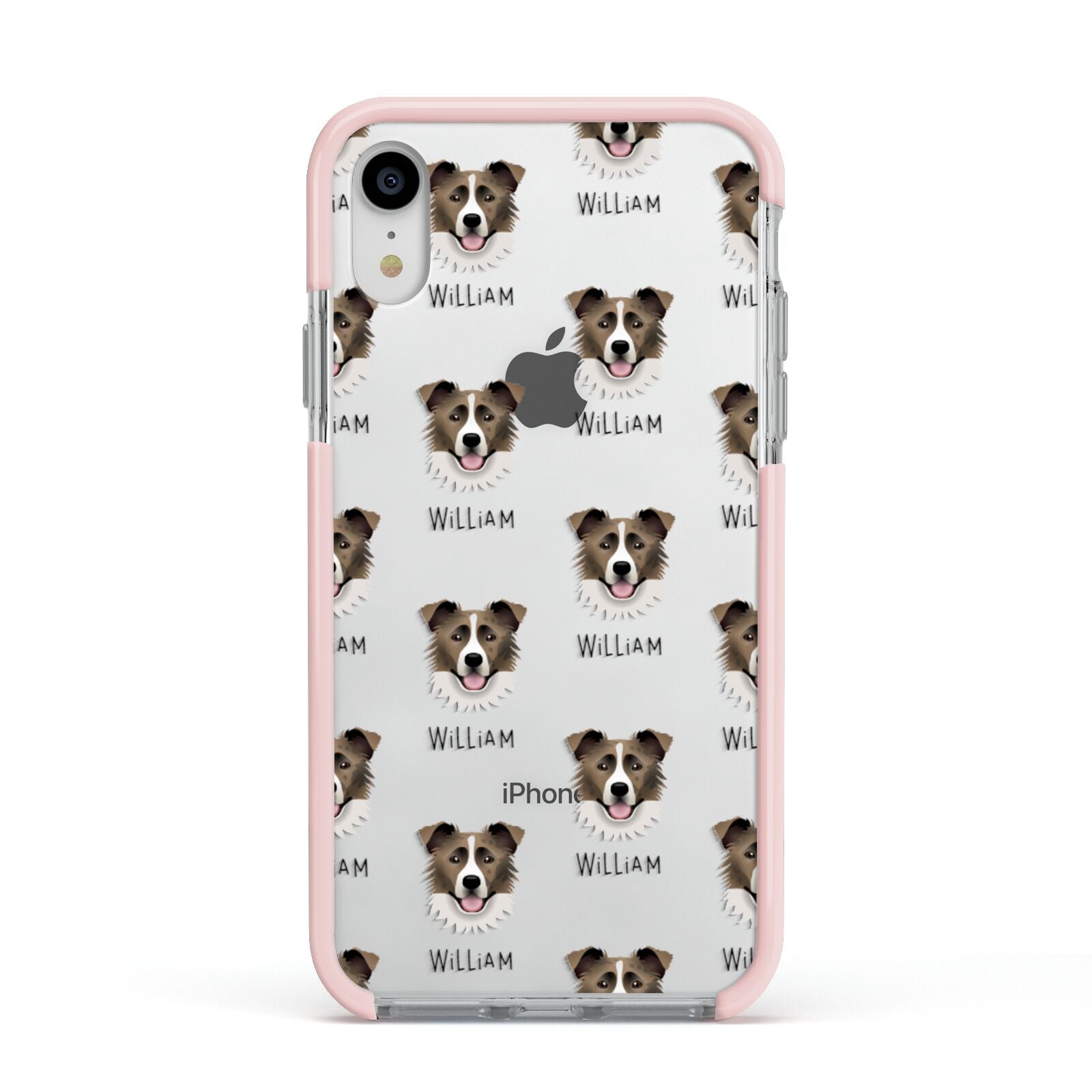 Border Collie Icon with Name Apple iPhone XR Impact Case Pink Edge on Silver Phone