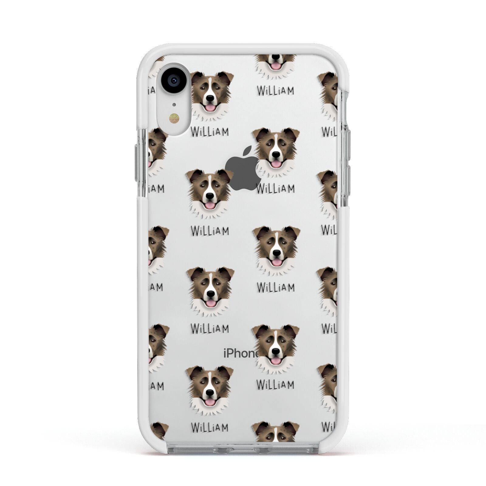 Border Collie Icon with Name Apple iPhone XR Impact Case White Edge on Silver Phone