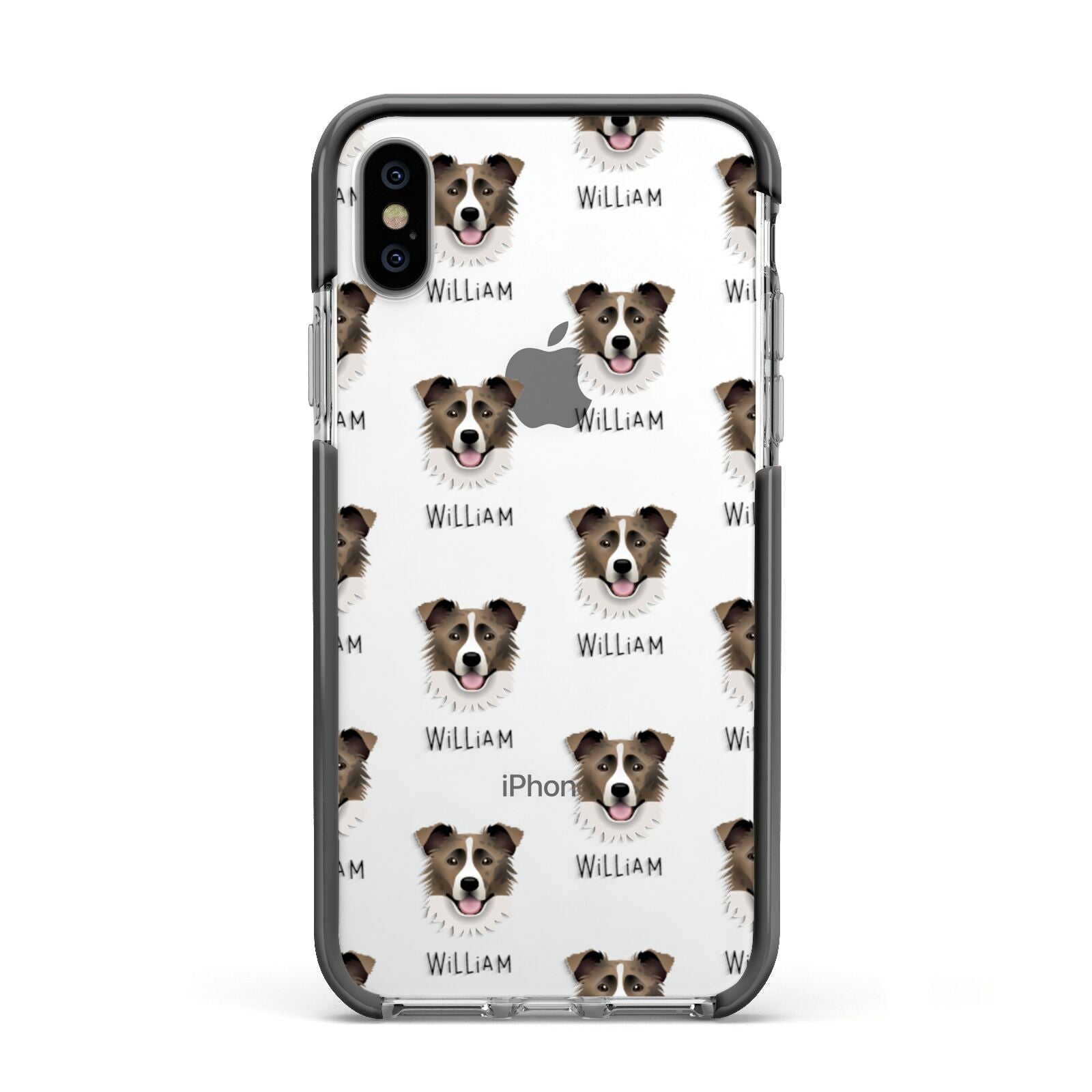 Border Collie Icon with Name Apple iPhone Xs Impact Case Black Edge on Silver Phone