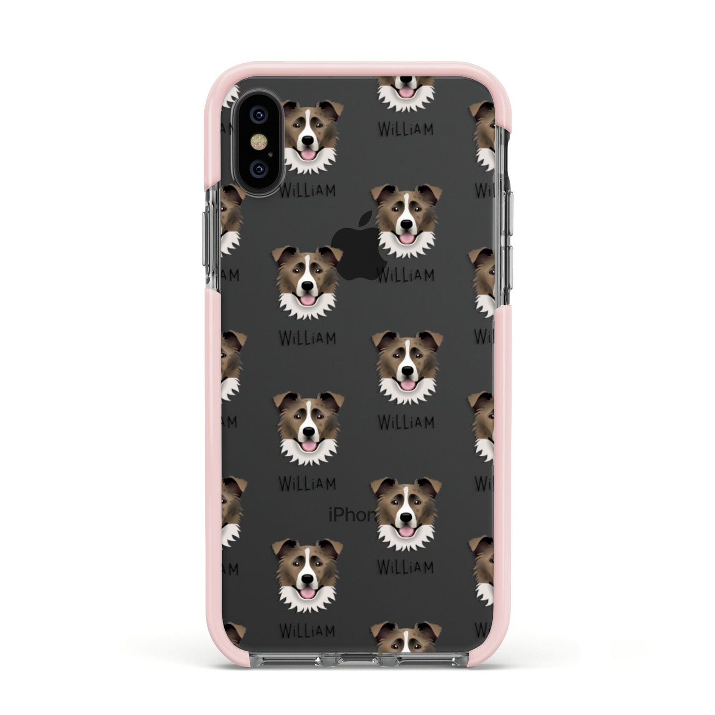 Border Collie Icon with Name Apple iPhone Xs Impact Case Pink Edge on Black Phone
