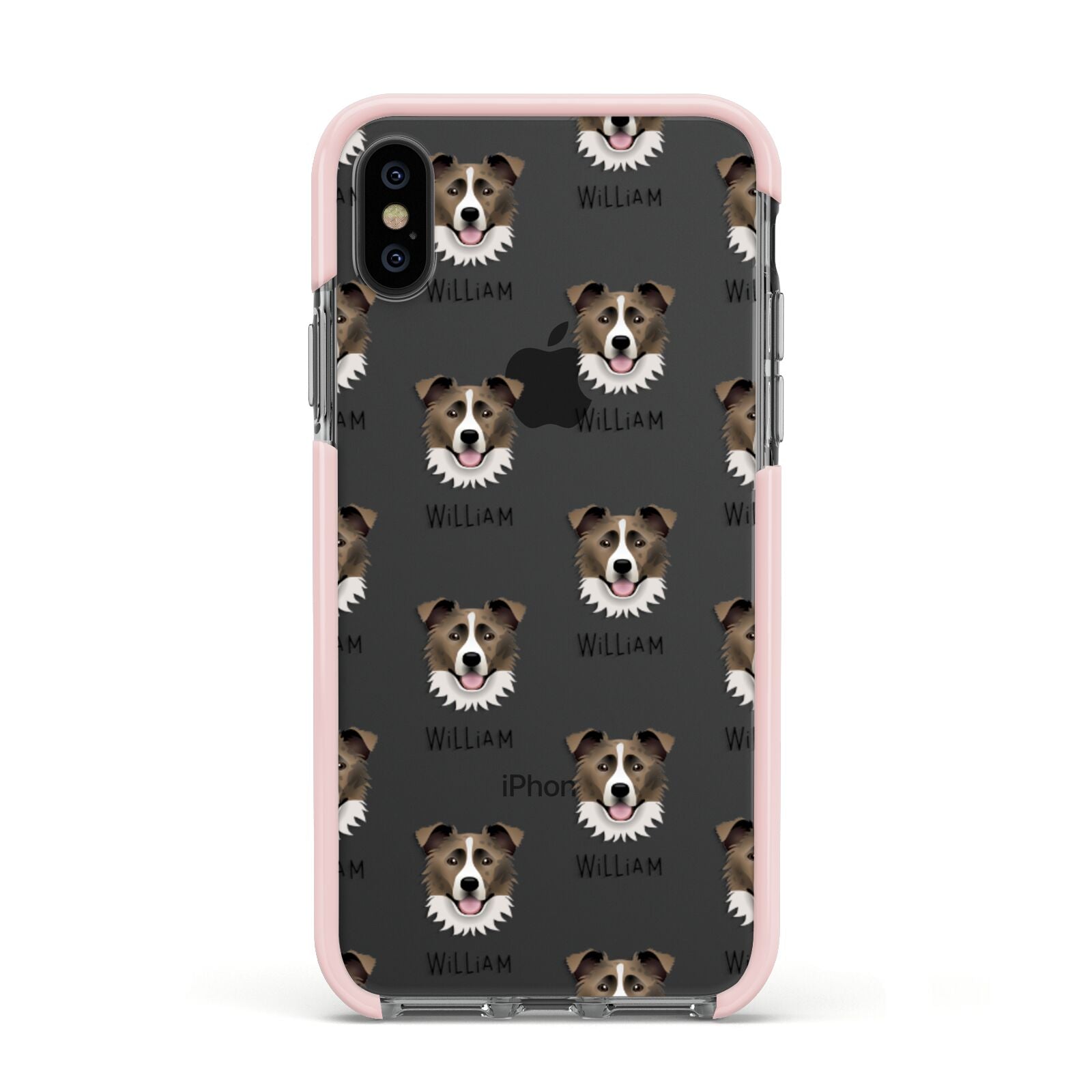 Border Collie Icon with Name Apple iPhone Xs Impact Case Pink Edge on Black Phone