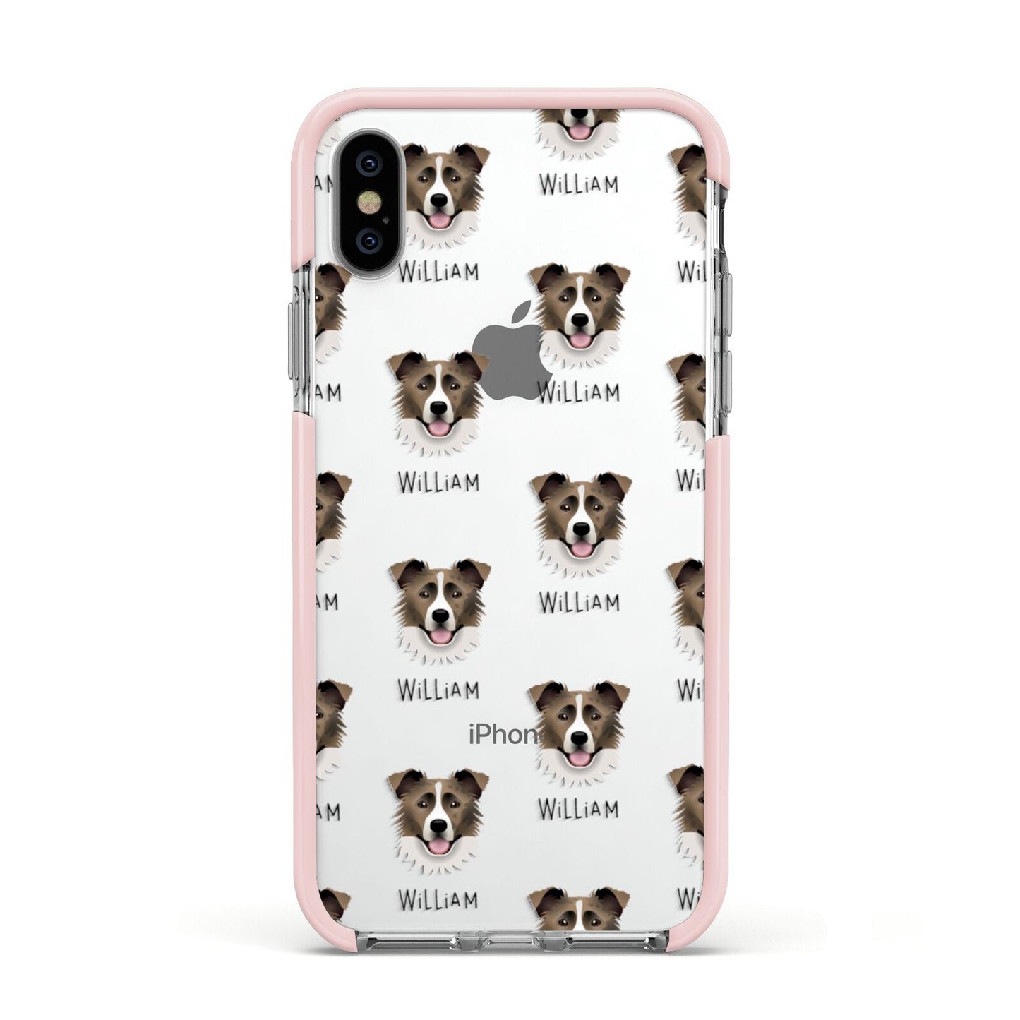 Border Collie Icon with Name Apple iPhone Xs Impact Case Pink Edge on Silver Phone