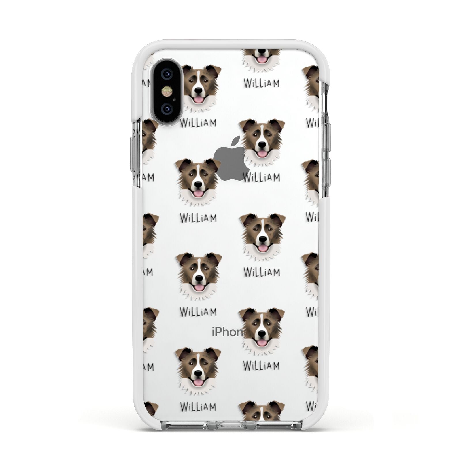Border Collie Icon with Name Apple iPhone Xs Impact Case White Edge on Silver Phone