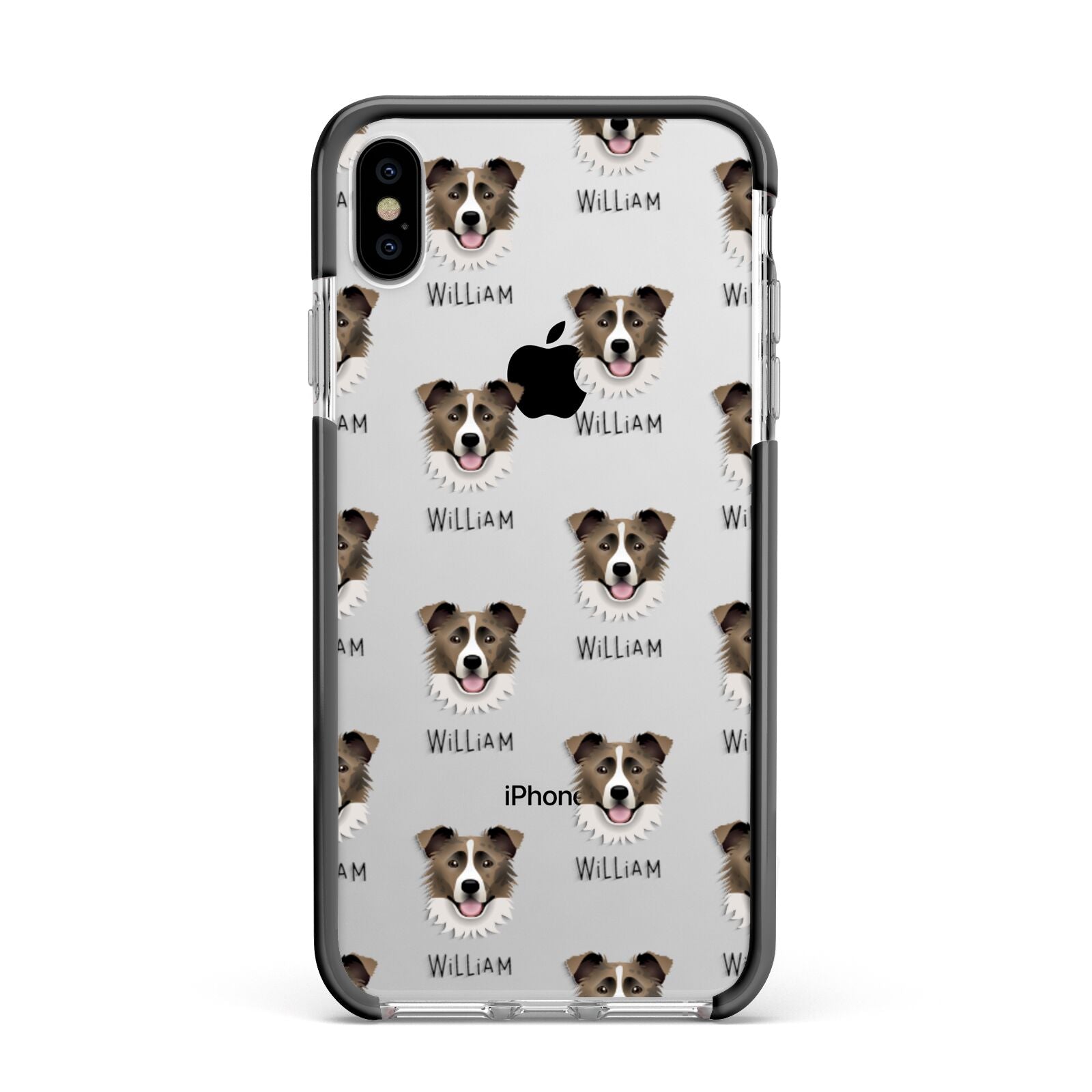 Border Collie Icon with Name Apple iPhone Xs Max Impact Case Black Edge on Silver Phone