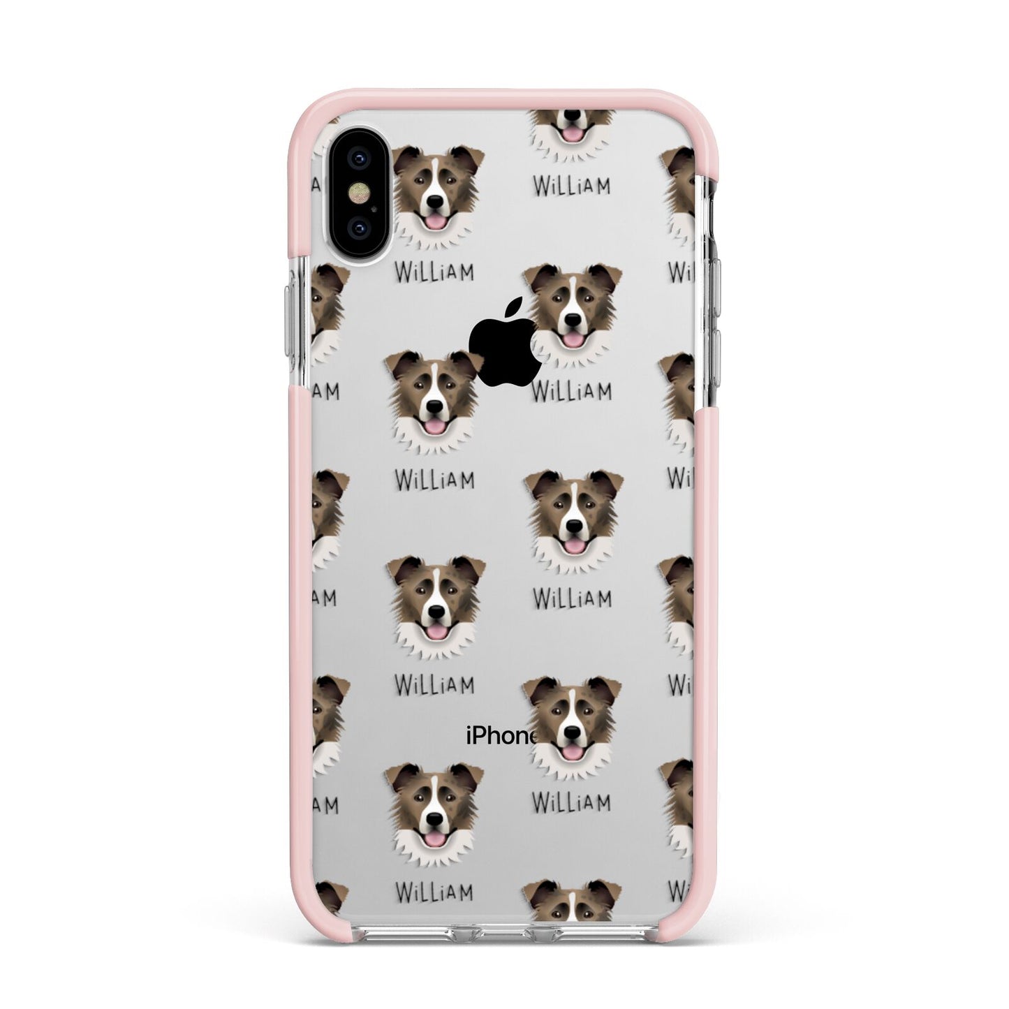 Border Collie Icon with Name Apple iPhone Xs Max Impact Case Pink Edge on Silver Phone