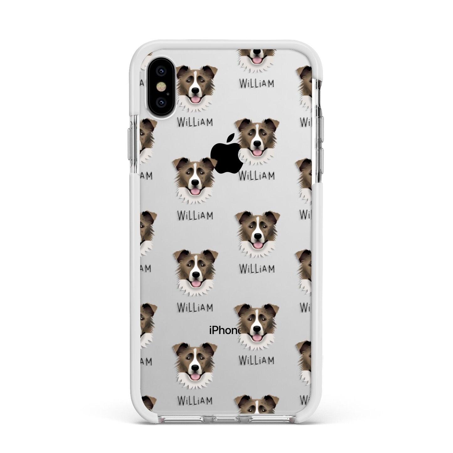 Border Collie Icon with Name Apple iPhone Xs Max Impact Case White Edge on Silver Phone