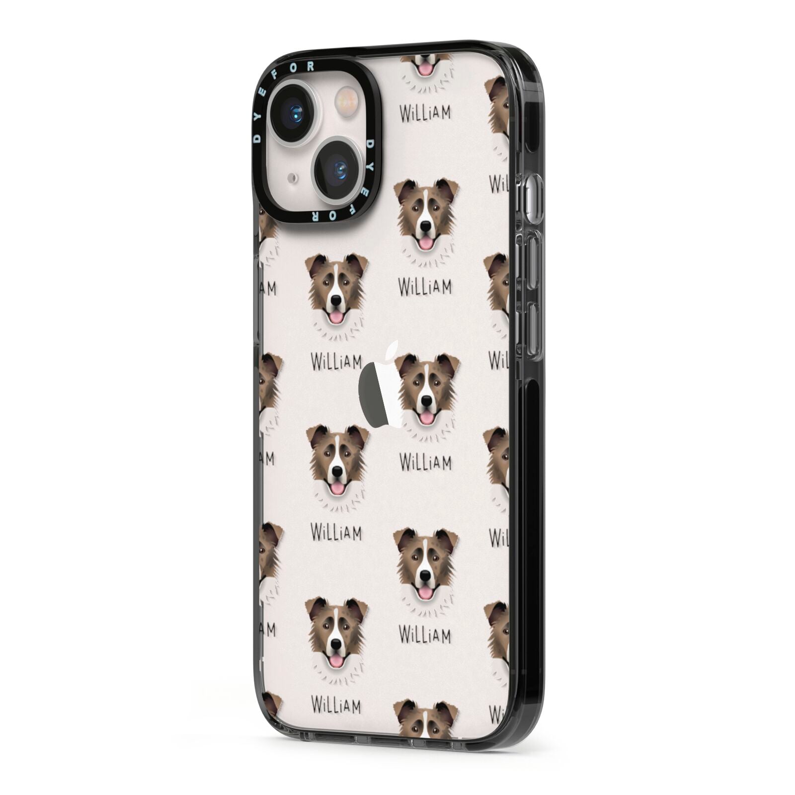 Border Collie Icon with Name iPhone 13 Black Impact Case Side Angle on Silver phone