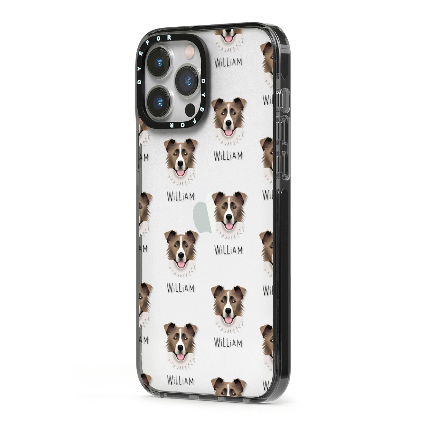 Border Collie Icon with Name iPhone 13 Pro Max Black Impact Case Side Angle on Silver phone