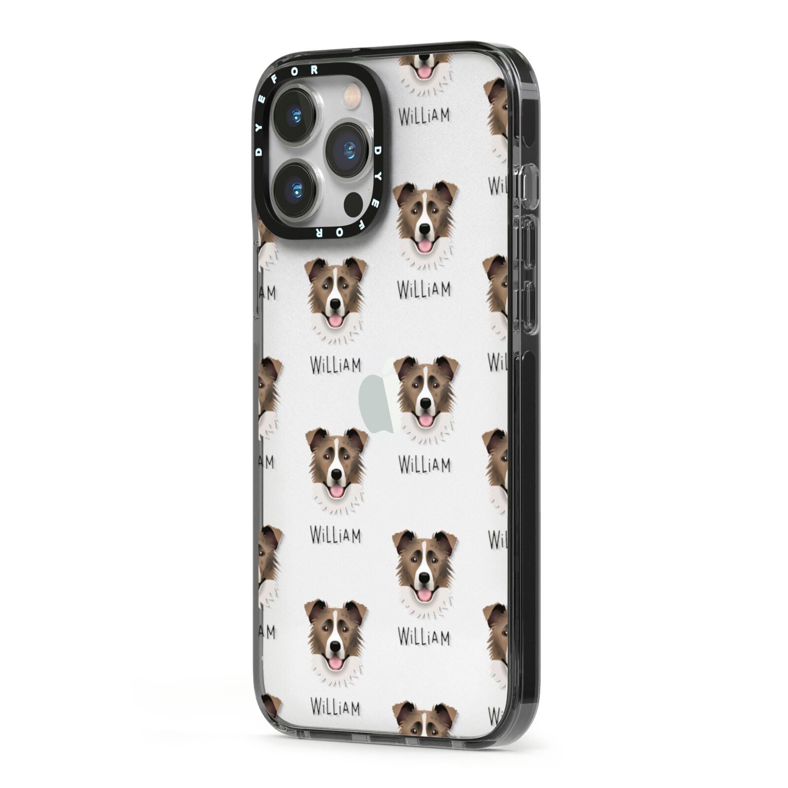 Border Collie Icon with Name iPhone 13 Pro Max Black Impact Case Side Angle on Silver phone