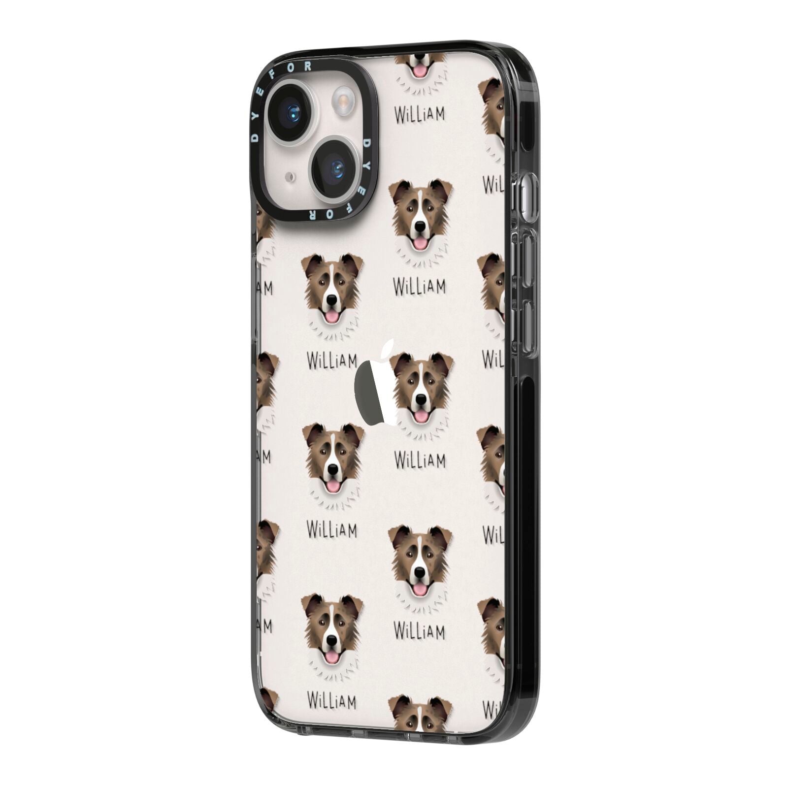 Border Collie Icon with Name iPhone 14 Black Impact Case Side Angle on Silver phone