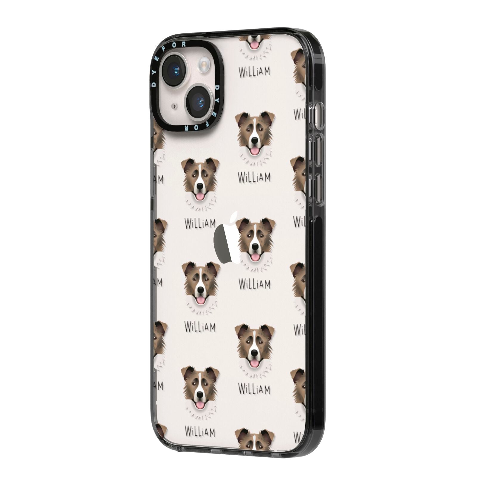 Border Collie Icon with Name iPhone 14 Plus Black Impact Case Side Angle on Silver phone