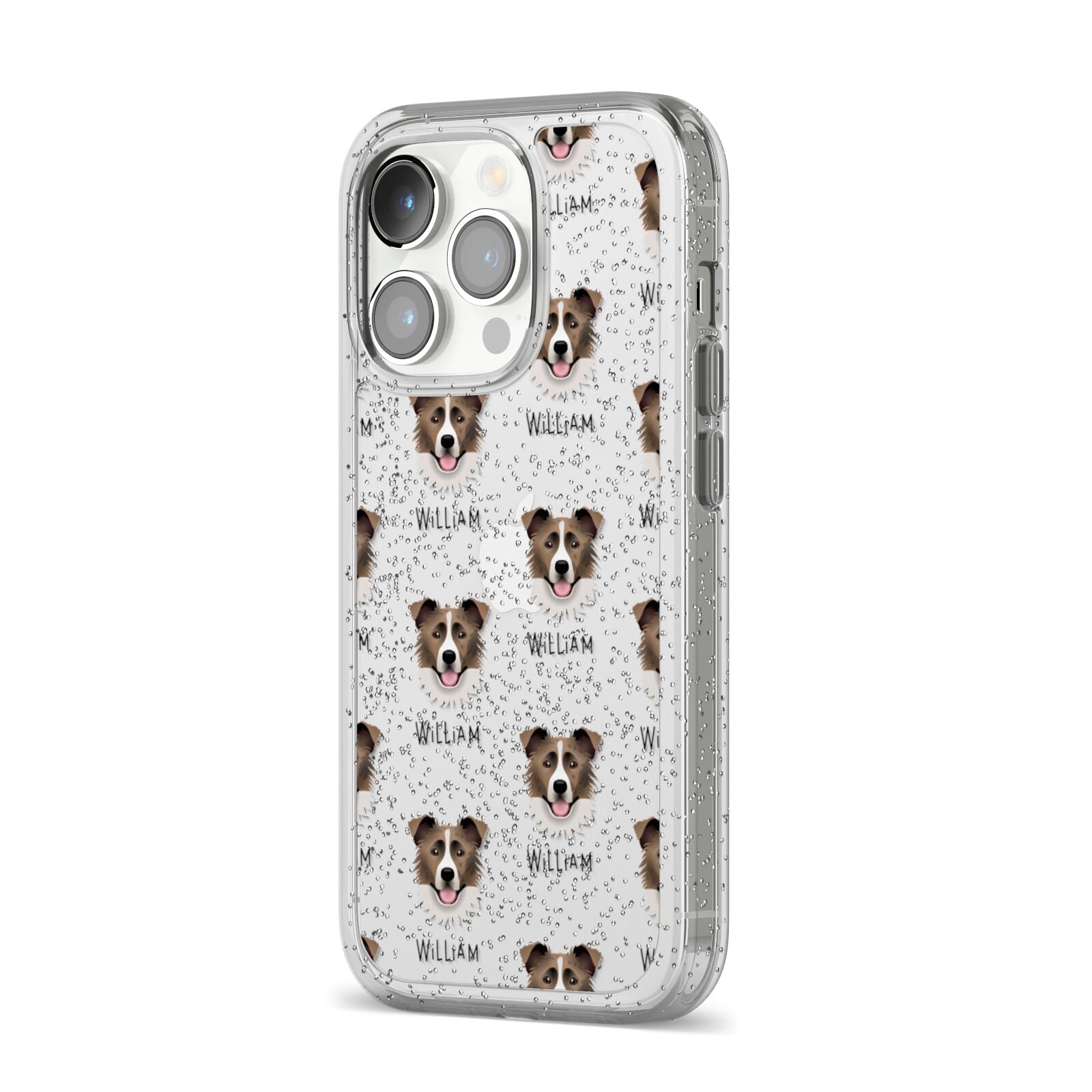 Border Collie Icon with Name iPhone 14 Pro Glitter Tough Case Silver Angled Image