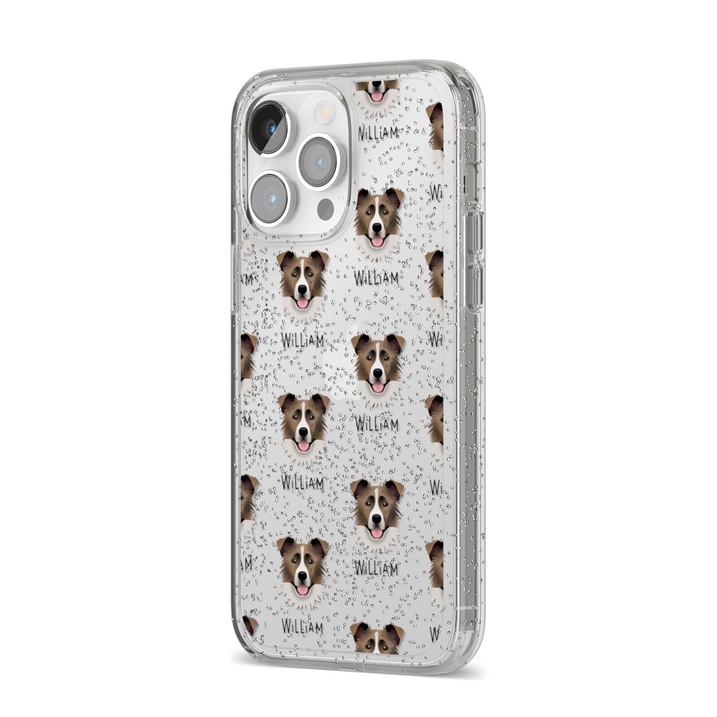 Border Collie Icon with Name iPhone 14 Pro Max Glitter Tough Case Silver Angled Image
