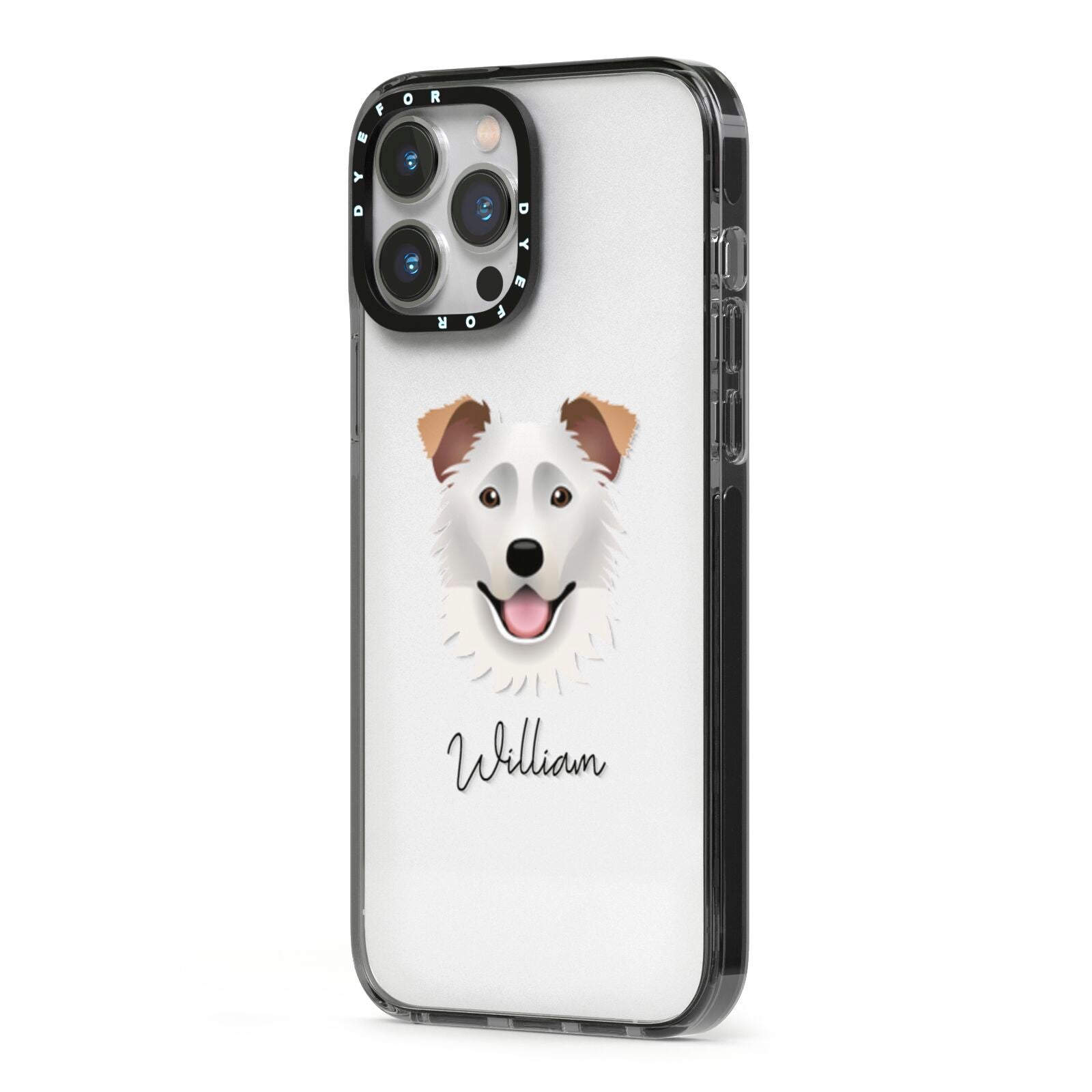 Border Collie Personalised iPhone 13 Pro Max Black Impact Case Side Angle on Silver phone