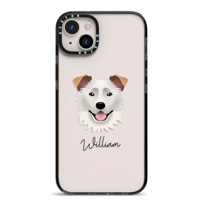 Border Collie Personalised iPhone 14 Plus Black Impact Case on Silver phone
