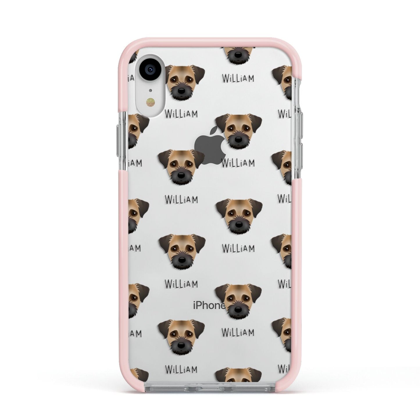 Border Terrier Icon with Name Apple iPhone XR Impact Case Pink Edge on Silver Phone