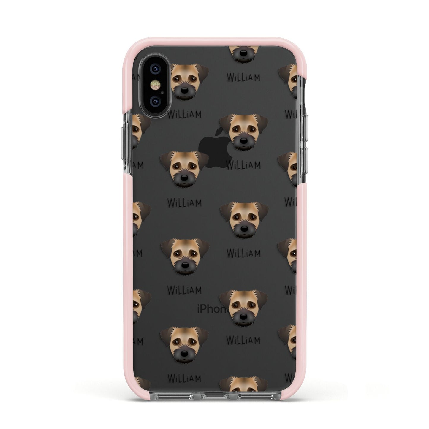 Border Terrier Icon with Name Apple iPhone Xs Impact Case Pink Edge on Black Phone