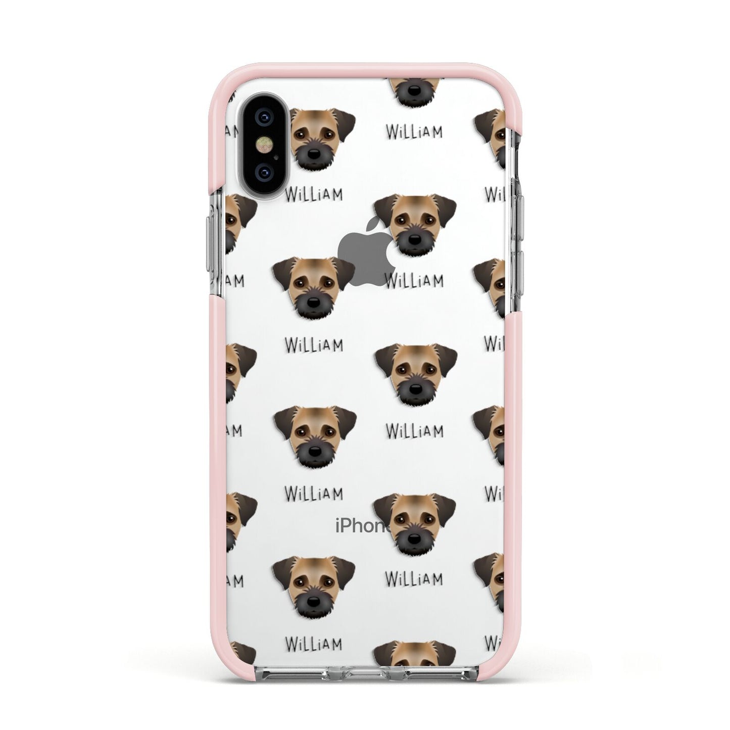 Border Terrier Icon with Name Apple iPhone Xs Impact Case Pink Edge on Silver Phone