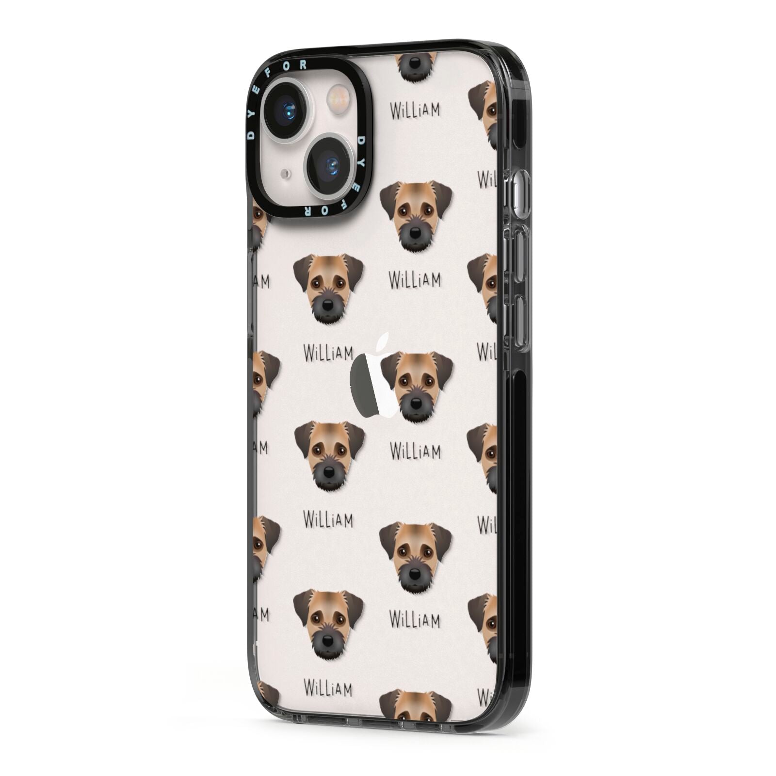 Border Terrier Icon with Name iPhone 13 Black Impact Case Side Angle on Silver phone