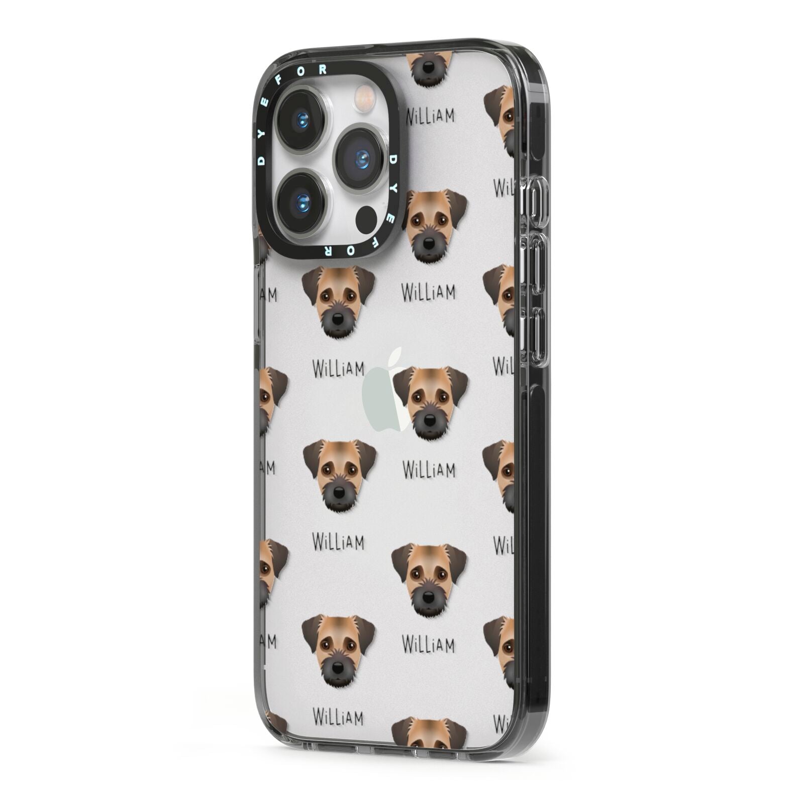 Border Terrier Icon with Name iPhone 13 Pro Black Impact Case Side Angle on Silver phone