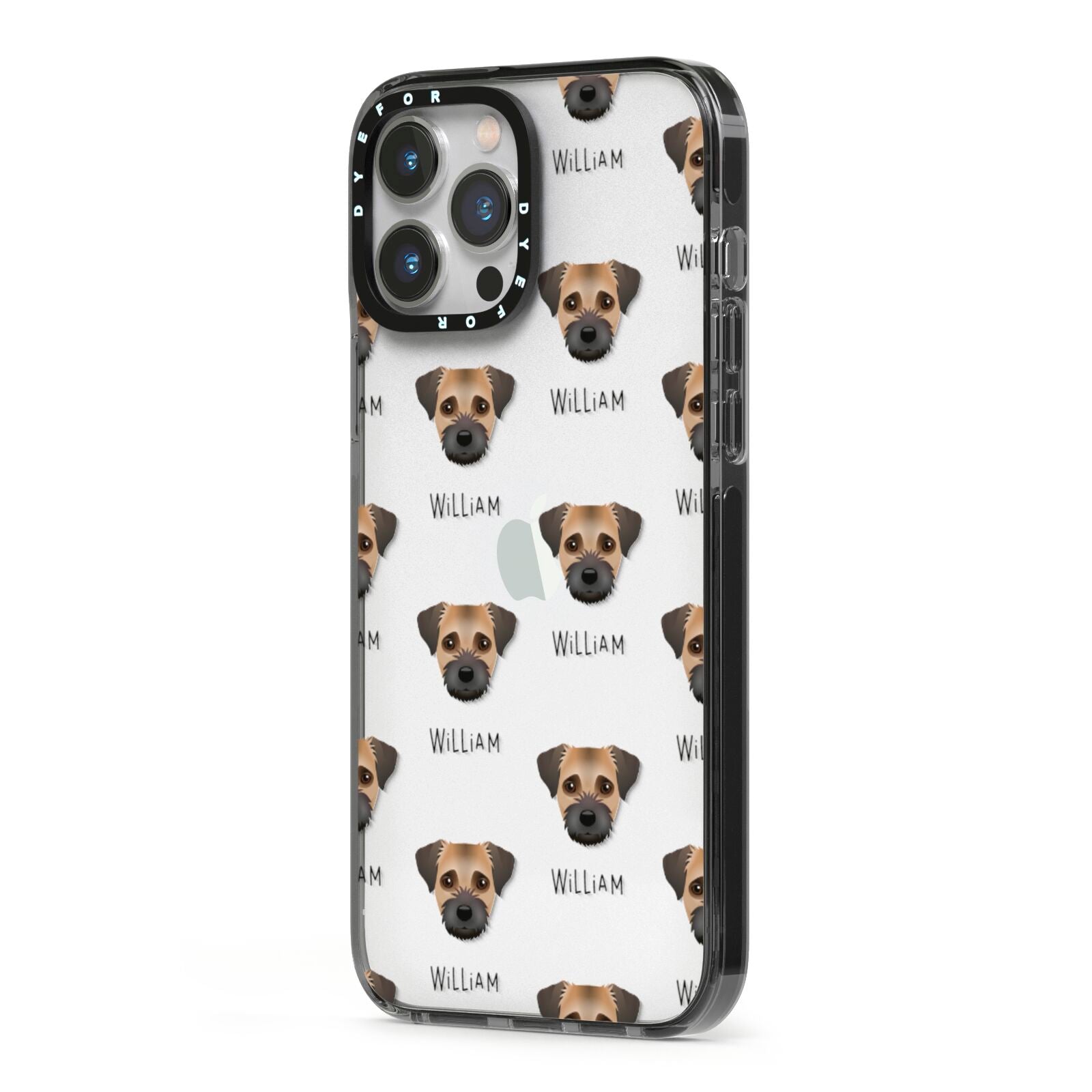 Border Terrier Icon with Name iPhone 13 Pro Max Black Impact Case Side Angle on Silver phone