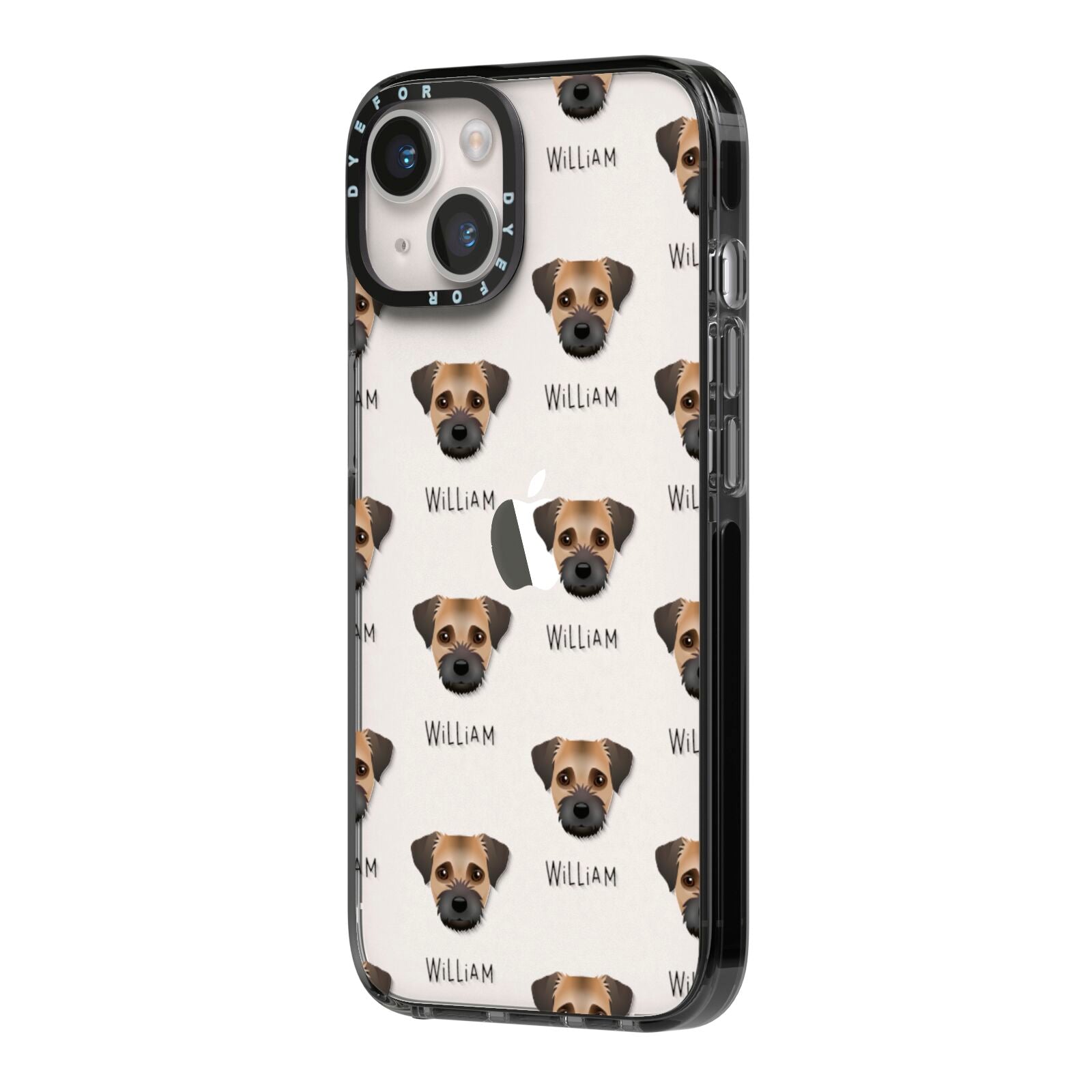Border Terrier Icon with Name iPhone 14 Black Impact Case Side Angle on Silver phone