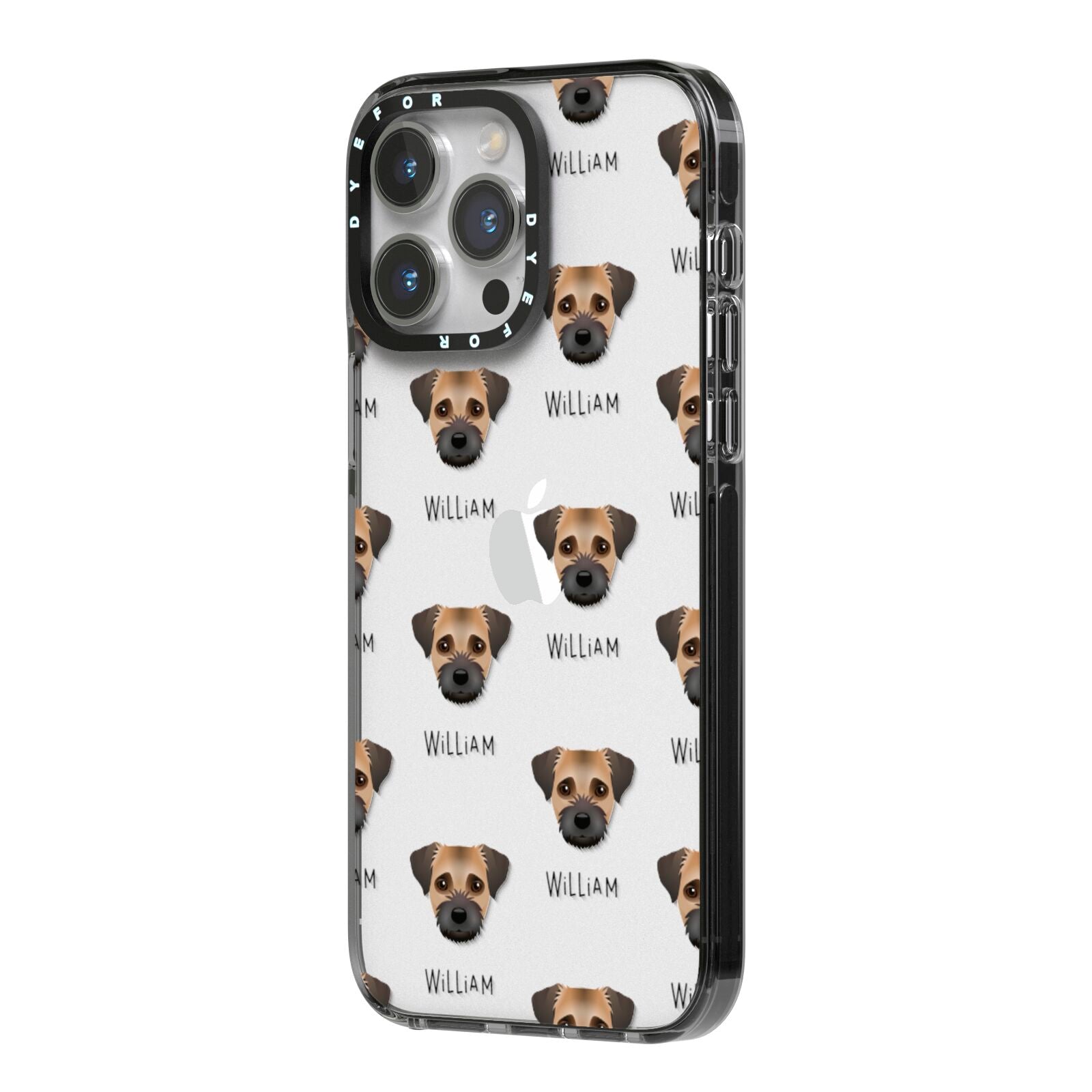 Border Terrier Icon with Name iPhone 14 Pro Max Black Impact Case Side Angle on Silver phone