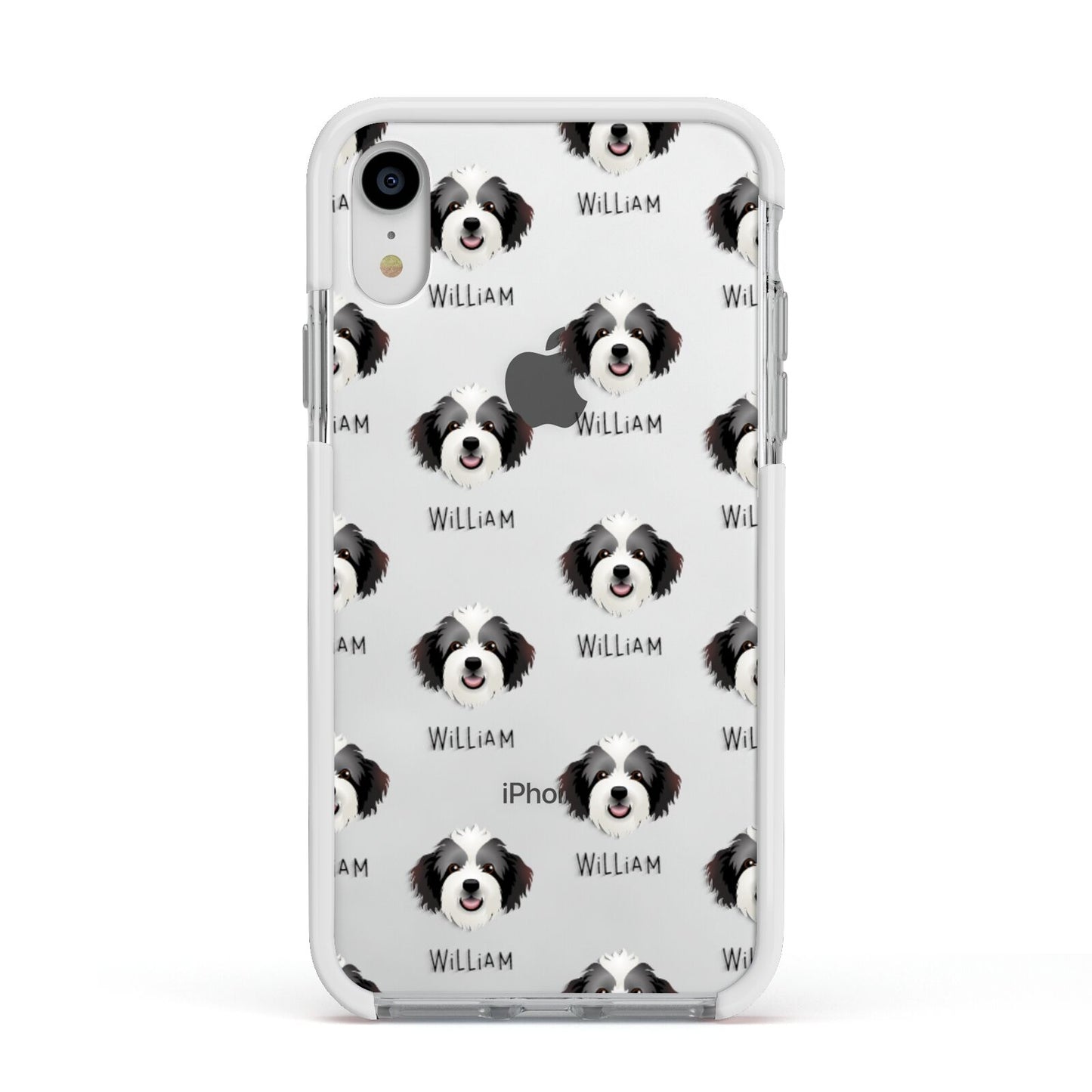 Bordoodle Icon with Name Apple iPhone XR Impact Case White Edge on Silver Phone