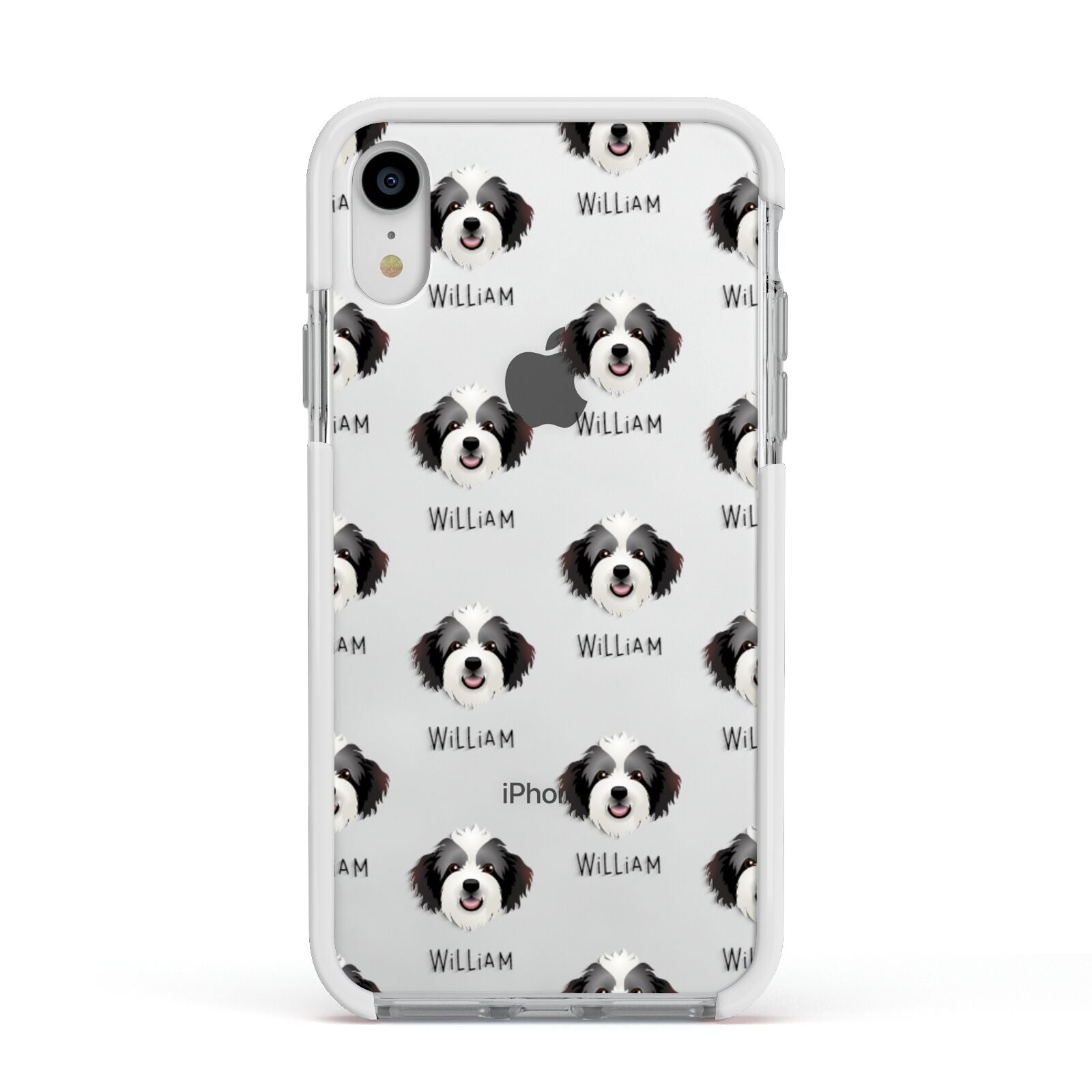 Bordoodle Icon with Name Apple iPhone XR Impact Case White Edge on Silver Phone