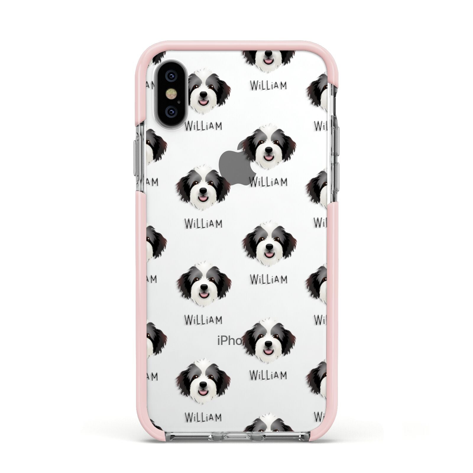Bordoodle Icon with Name Apple iPhone Xs Impact Case Pink Edge on Silver Phone