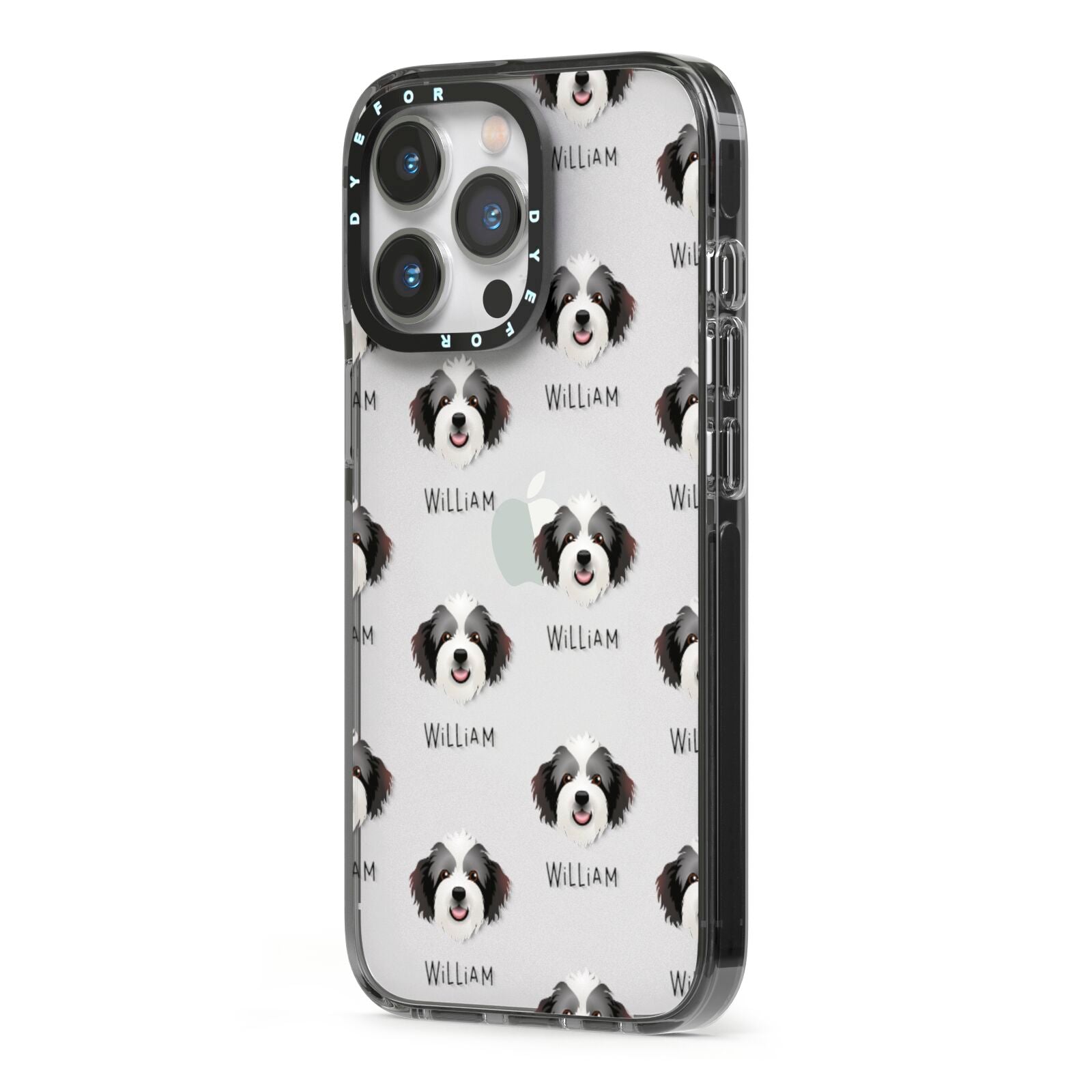 Bordoodle Icon with Name iPhone 13 Pro Black Impact Case Side Angle on Silver phone