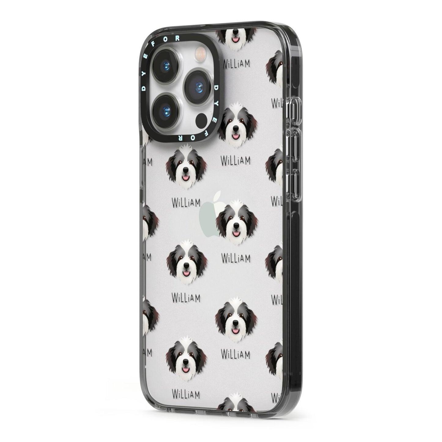 Bordoodle Icon with Name iPhone 13 Pro Black Impact Case Side Angle on Silver phone