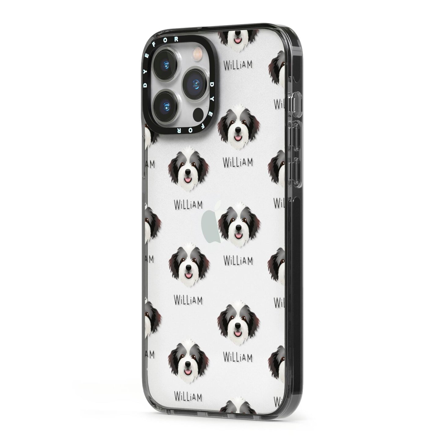 Bordoodle Icon with Name iPhone 13 Pro Max Black Impact Case Side Angle on Silver phone