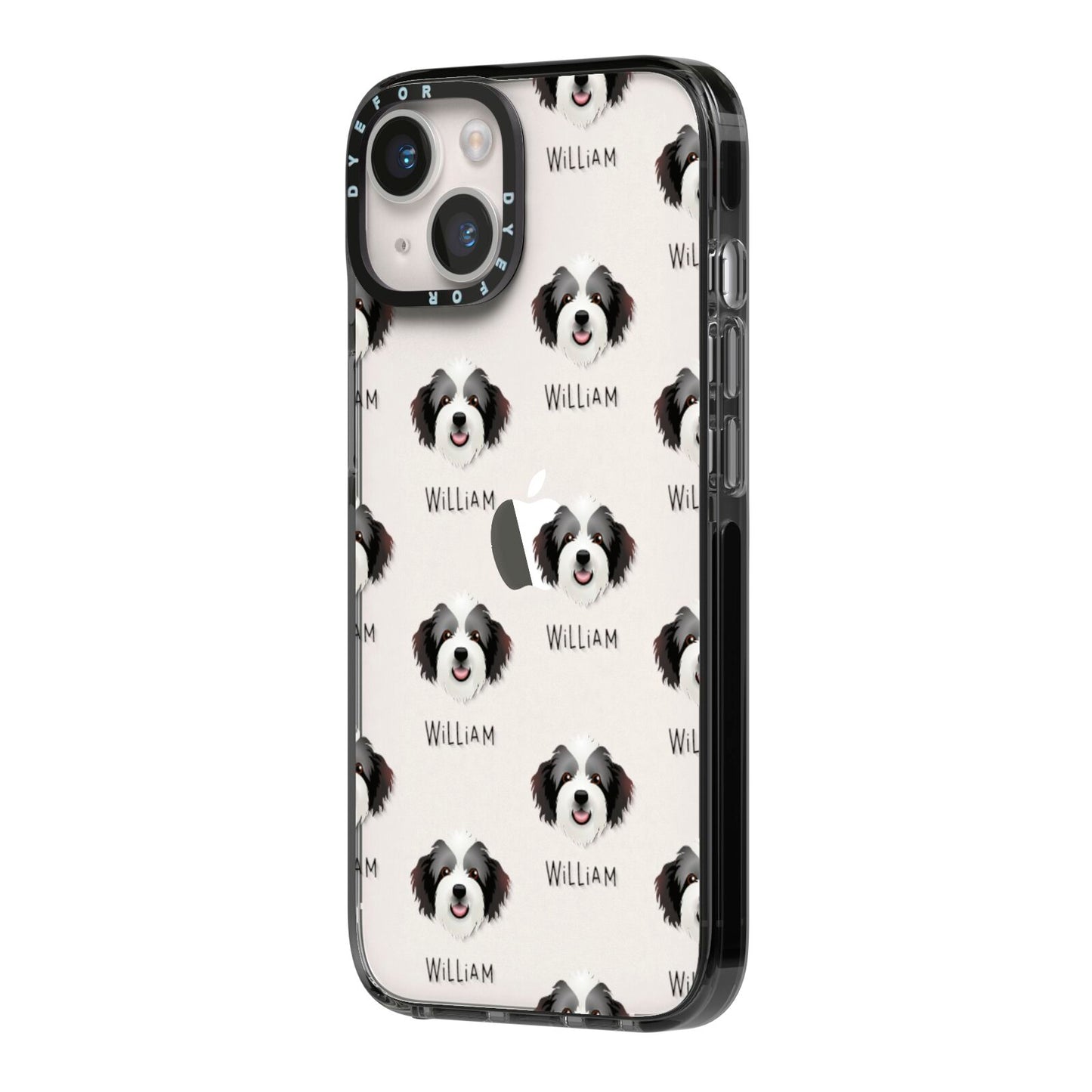 Bordoodle Icon with Name iPhone 14 Black Impact Case Side Angle on Silver phone