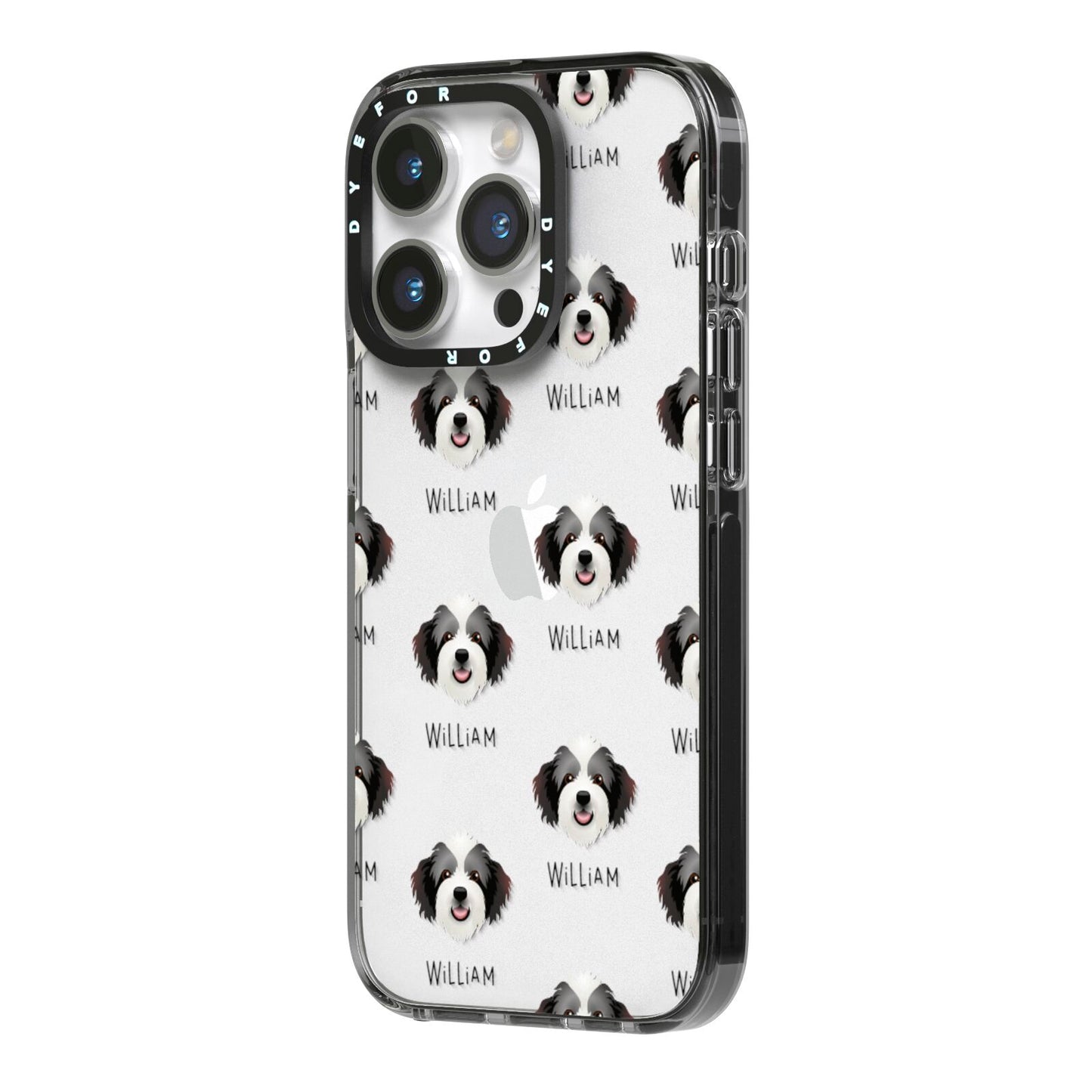 Bordoodle Icon with Name iPhone 14 Pro Black Impact Case Side Angle on Silver phone