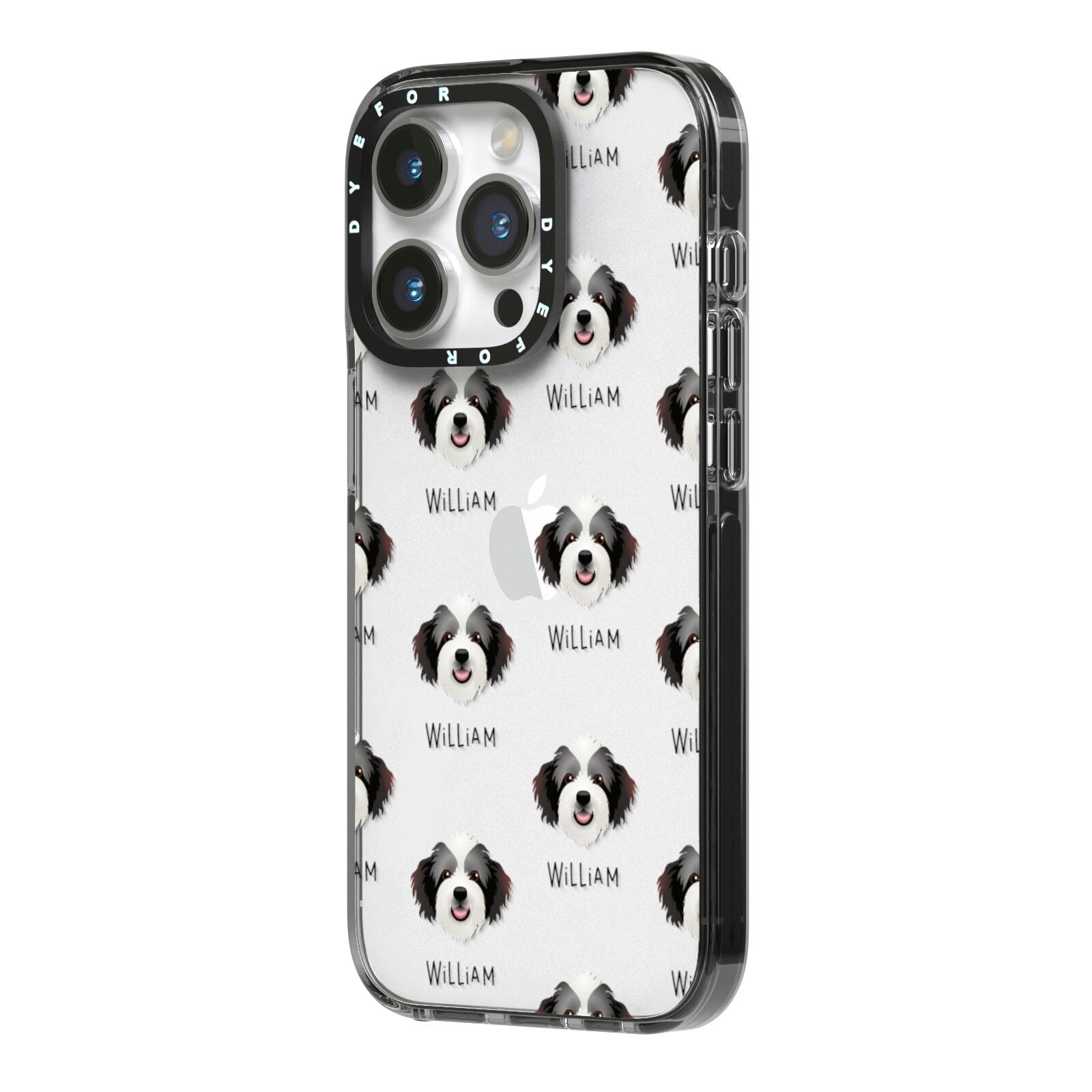 Bordoodle Icon with Name iPhone 14 Pro Black Impact Case Side Angle on Silver phone