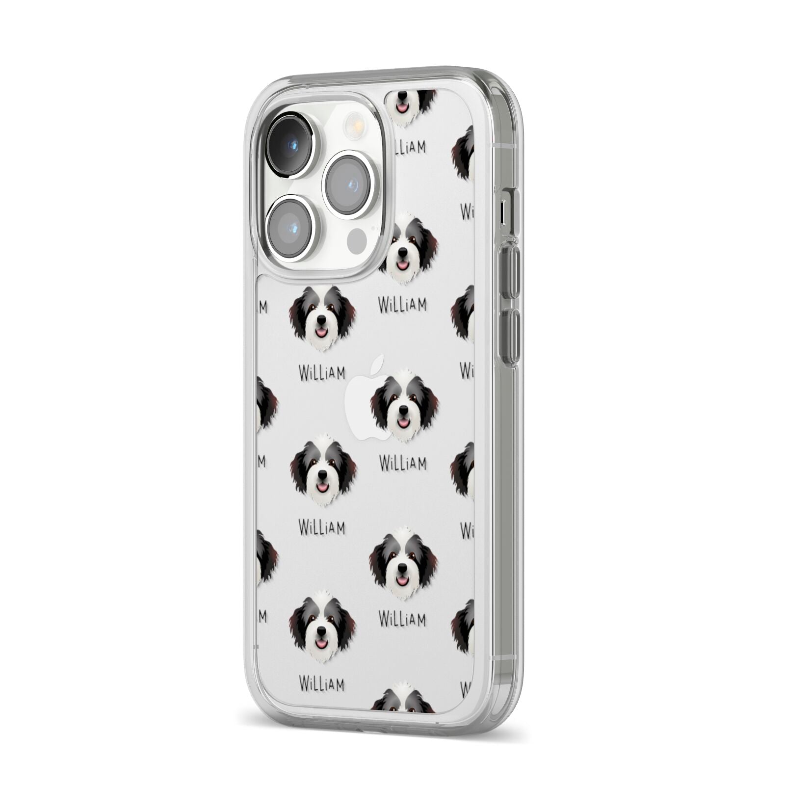 Bordoodle Icon with Name iPhone 14 Pro Clear Tough Case Silver Angled Image