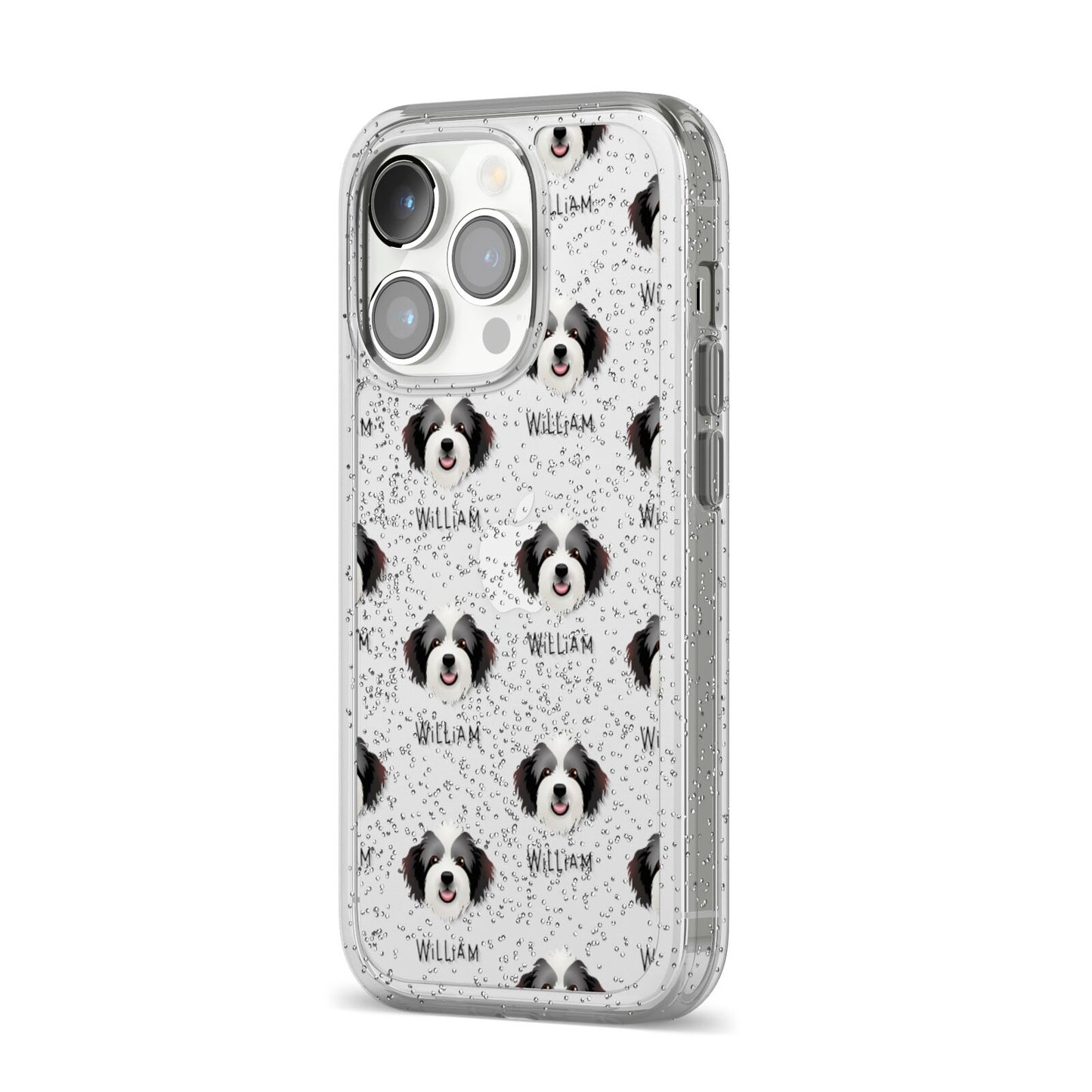 Bordoodle Icon with Name iPhone 14 Pro Glitter Tough Case Silver Angled Image