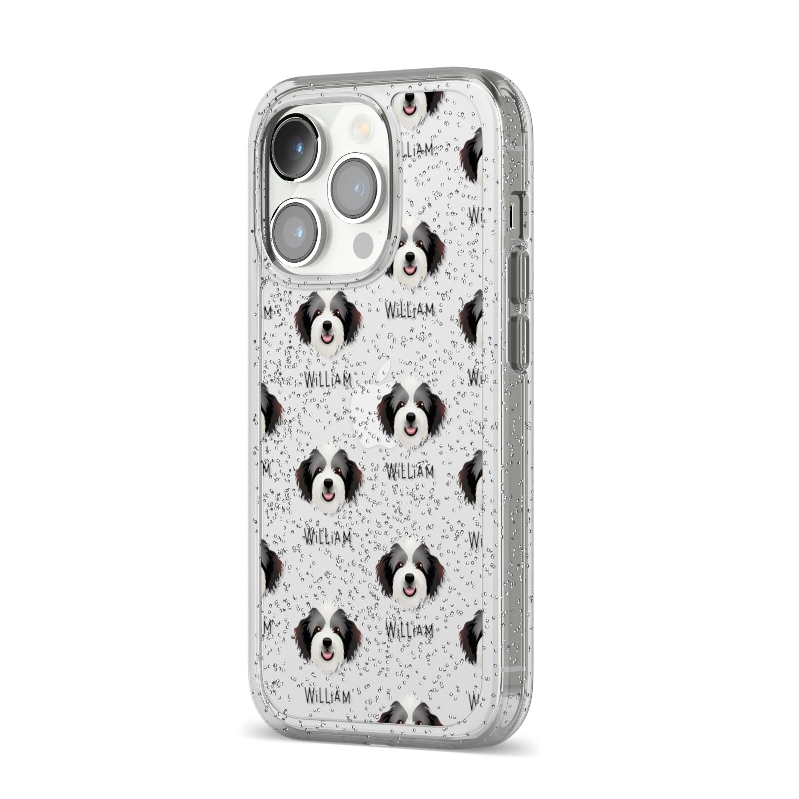 Bordoodle Icon with Name iPhone 14 Pro Glitter Tough Case Silver Angled Image