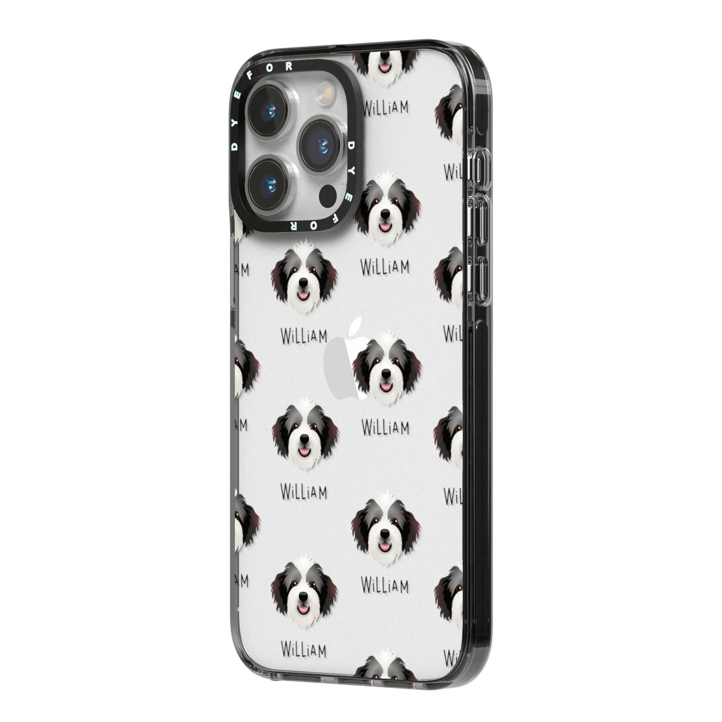 Bordoodle Icon with Name iPhone 14 Pro Max Black Impact Case Side Angle on Silver phone