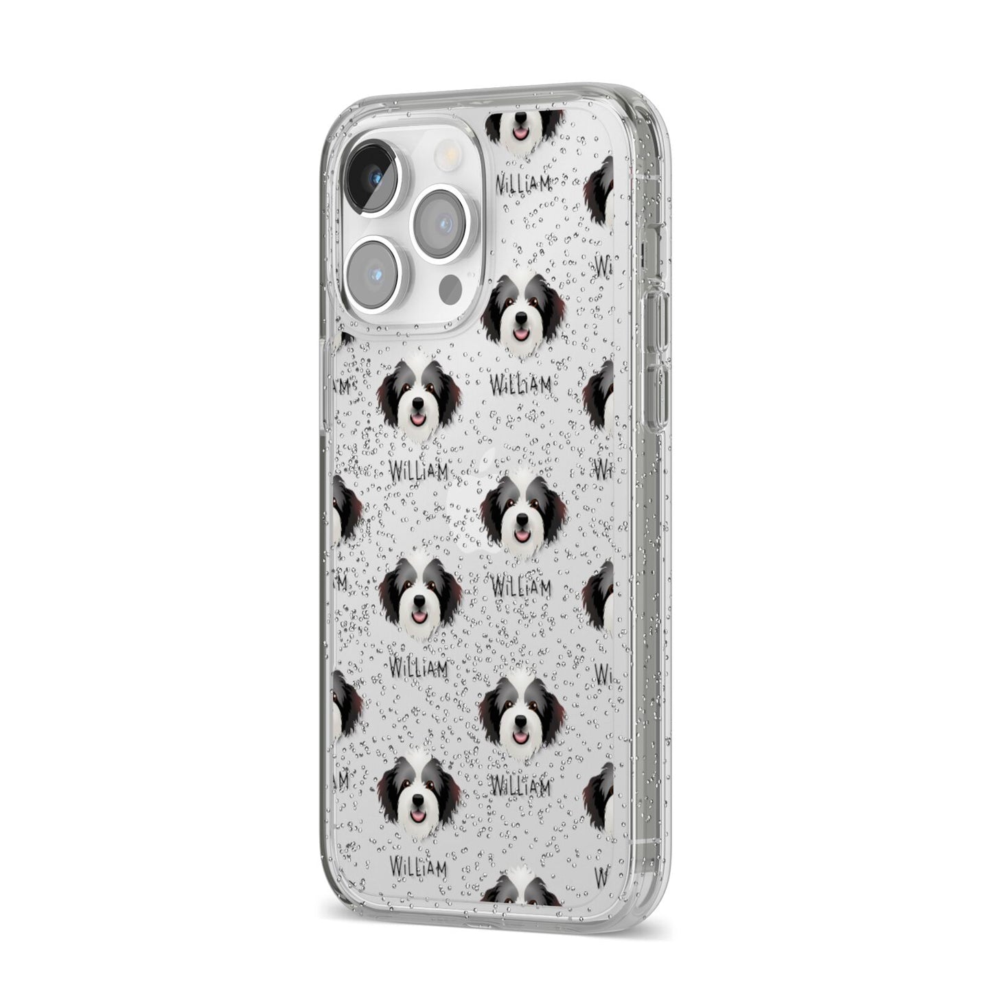 Bordoodle Icon with Name iPhone 14 Pro Max Glitter Tough Case Silver Angled Image