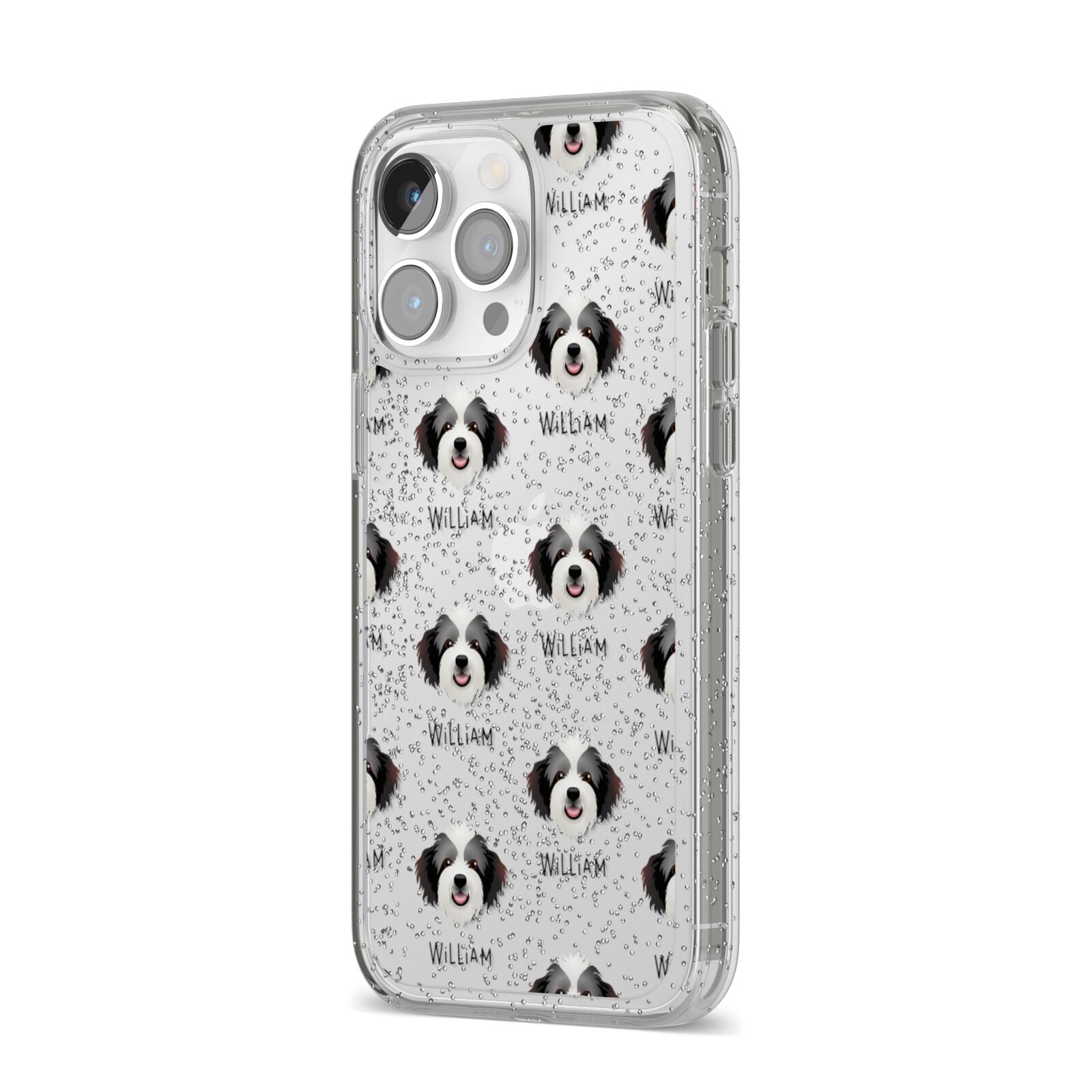 Bordoodle Icon with Name iPhone 14 Pro Max Glitter Tough Case Silver Angled Image