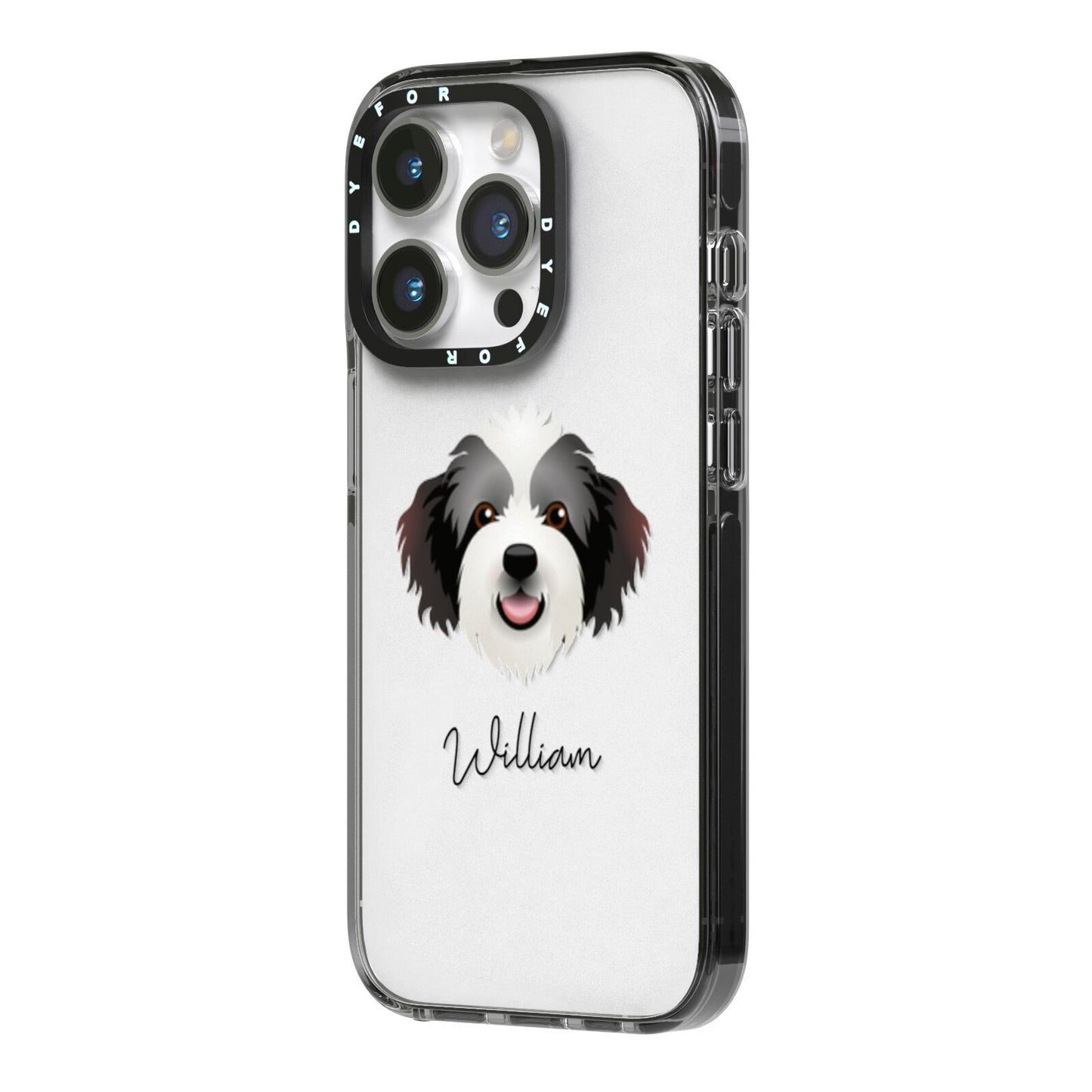 Bordoodle Personalised iPhone 14 Pro Black Impact Case Side Angle on Silver phone