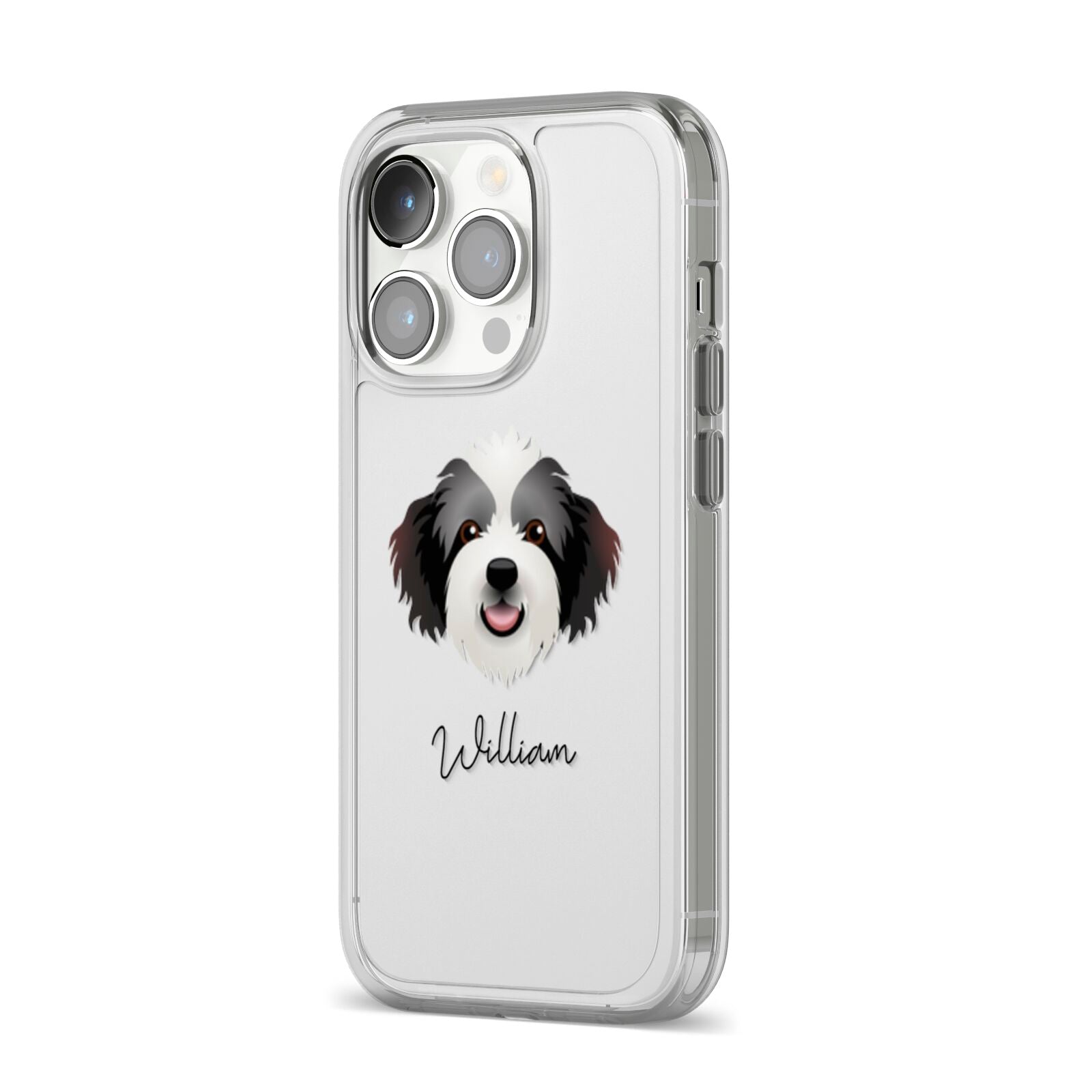 Bordoodle Personalised iPhone 14 Pro Clear Tough Case Silver Angled Image