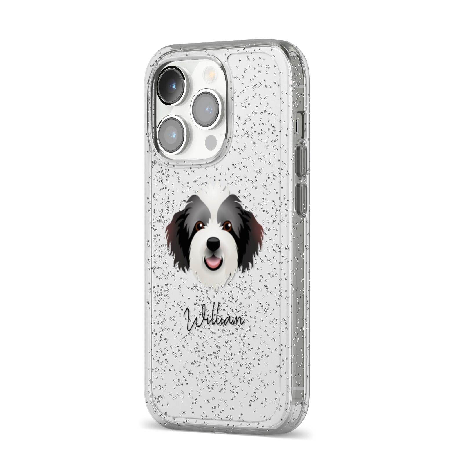 Bordoodle Personalised iPhone 14 Pro Glitter Tough Case Silver Angled Image