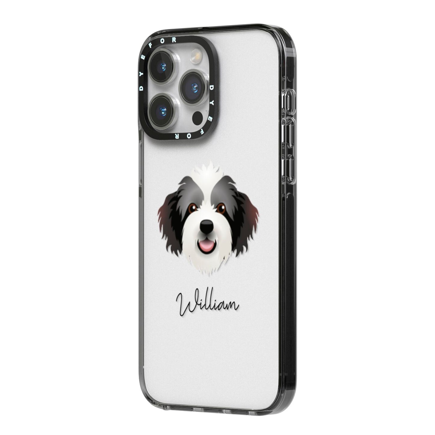 Bordoodle Personalised iPhone 14 Pro Max Black Impact Case Side Angle on Silver phone